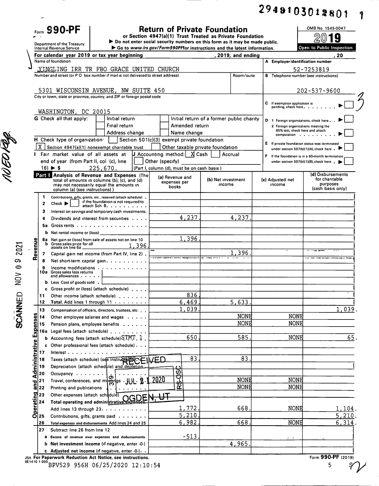 Image of first page of 2019 Form 990PF for Yingling Irr TR Fbo Grace United Church