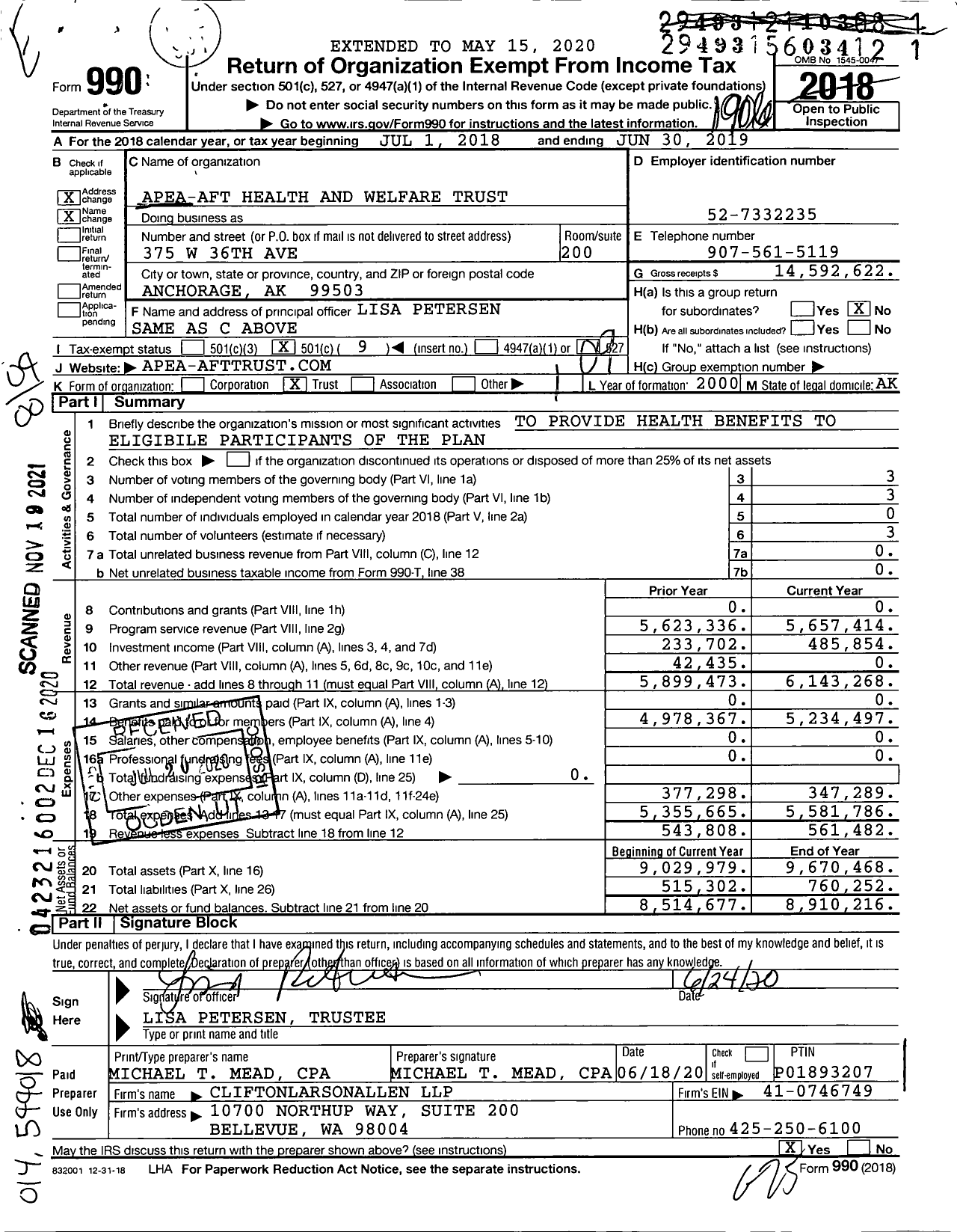 Image of first page of 2018 Form 990O for Apea-Aft Health and Welfare Trust