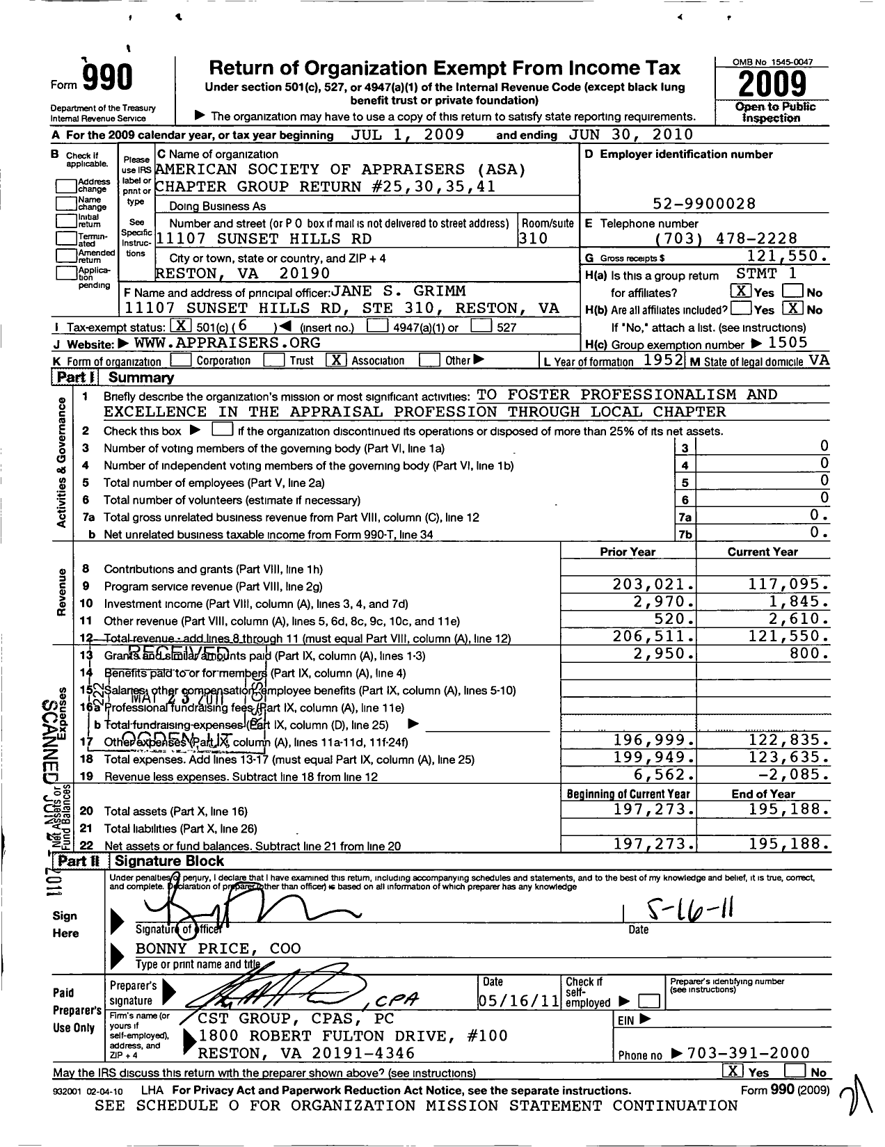 Image of first page of 2009 Form 990O for American Society of Appraisers / Group Return