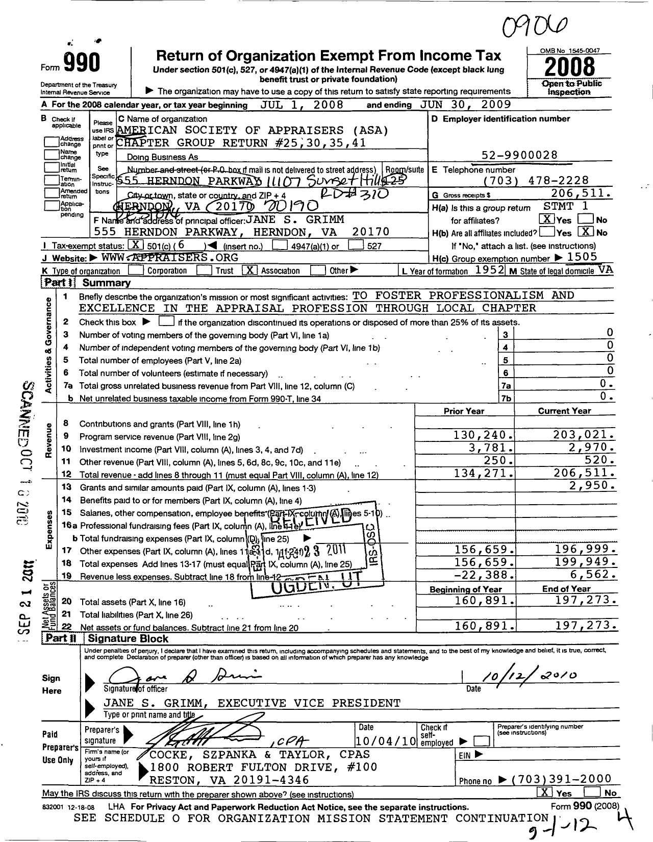 Image of first page of 2008 Form 990O for American Society of Appraisers / Group Return