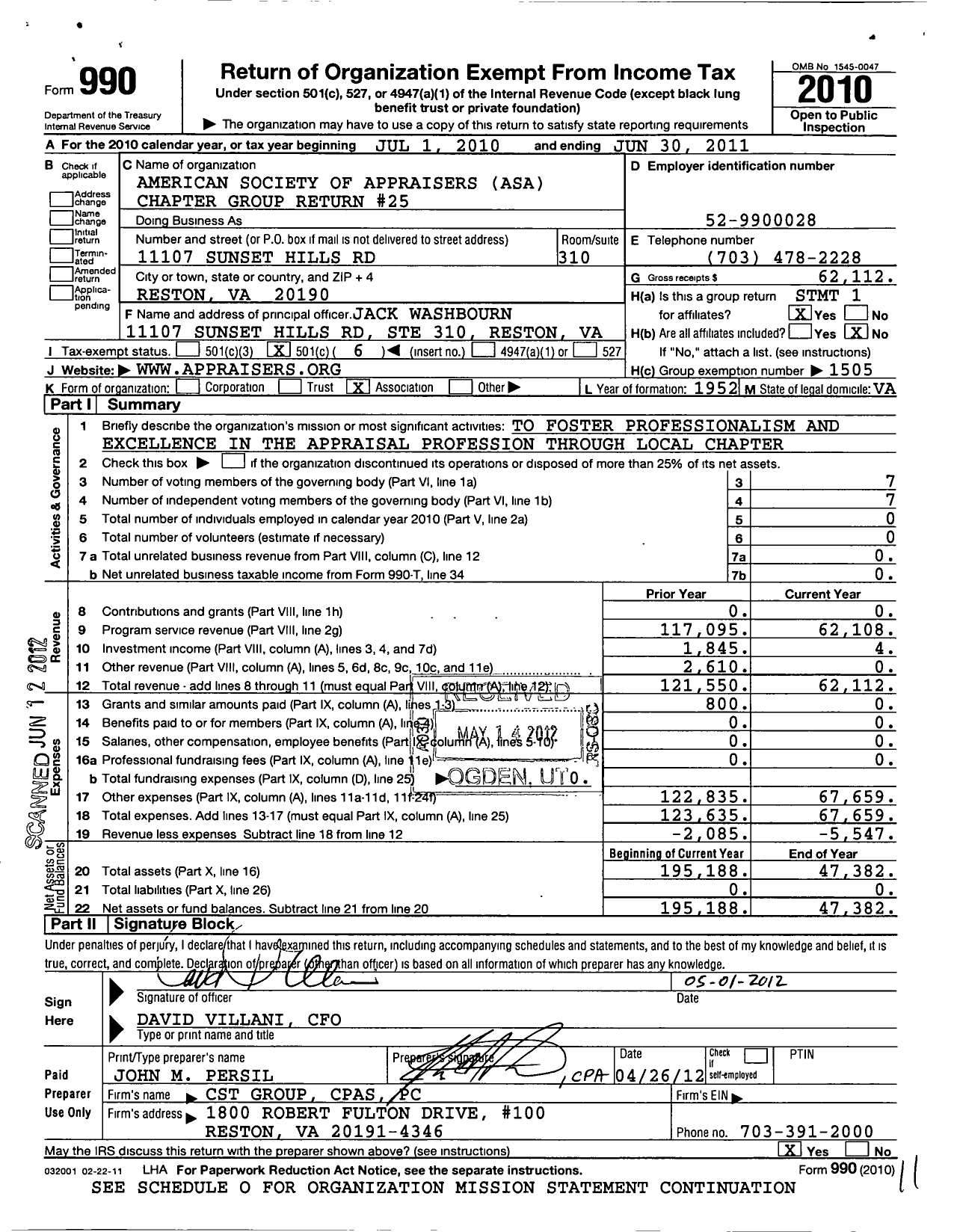 Image of first page of 2010 Form 990O for American Society of Appraisers / Group Return