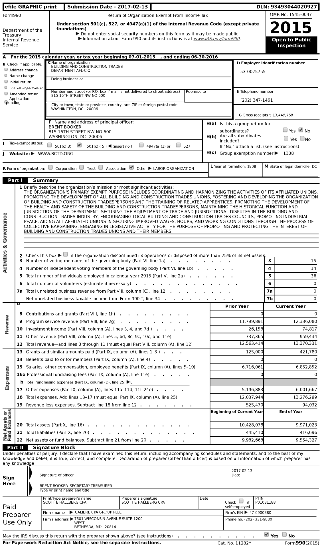 Image of first page of 2015 Form 990 for Building and Construction Trades Department AFL-CIO