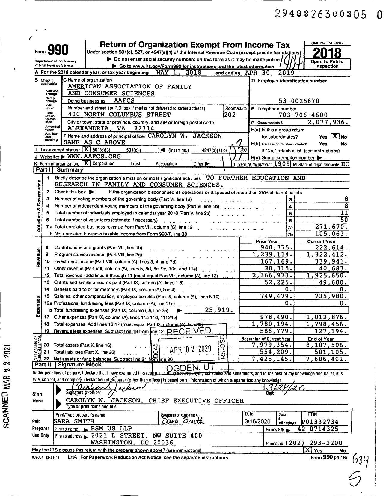 Image of first page of 2018 Form 990 for American Association of Family and Consumer Sciences (AAFCS)