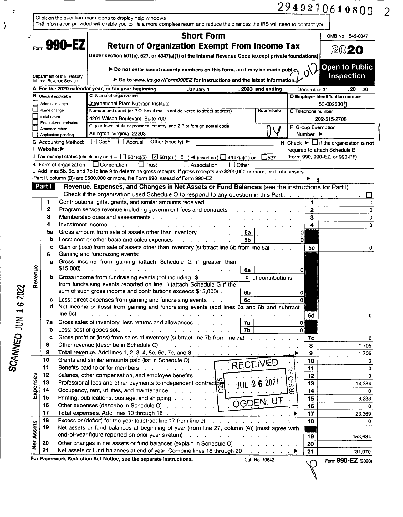 Image of first page of 2020 Form 990EO for International Plant Nutrition Institute