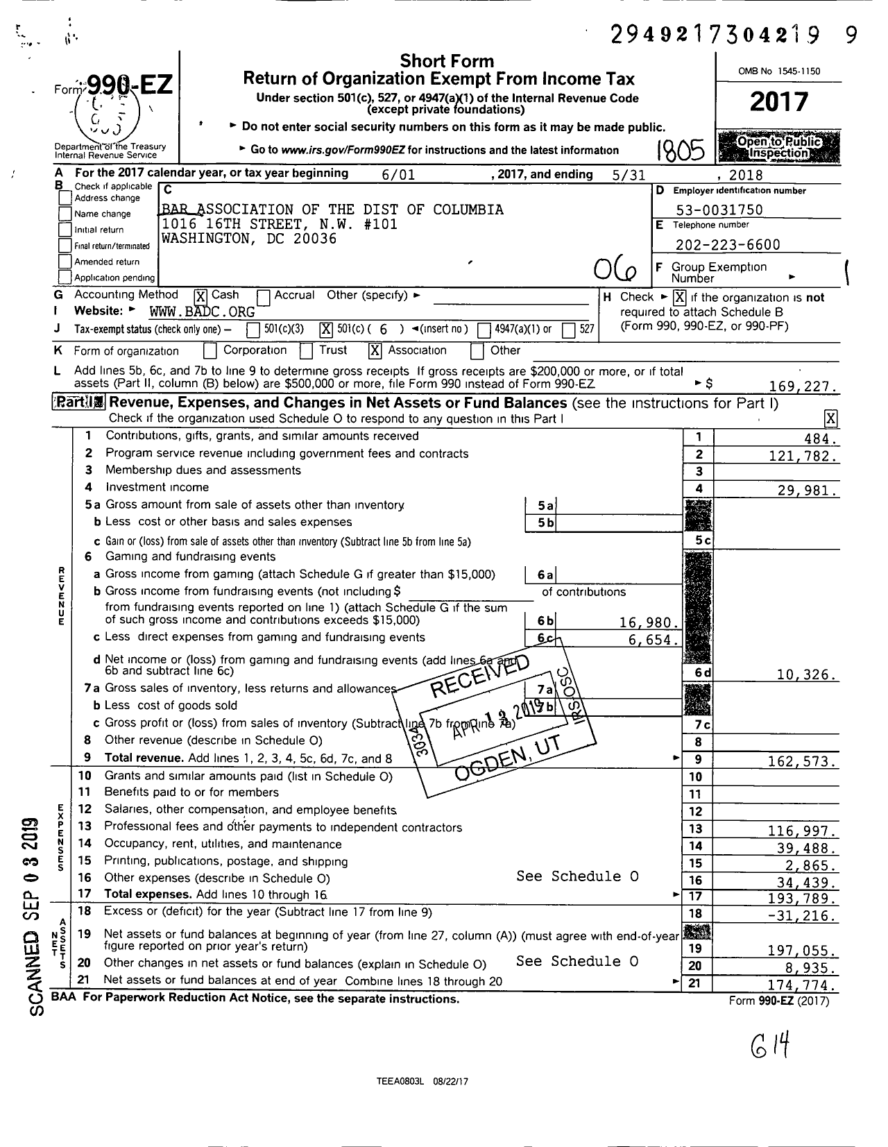 Image of first page of 2017 Form 990EO for Bar Association of the District of Columbia