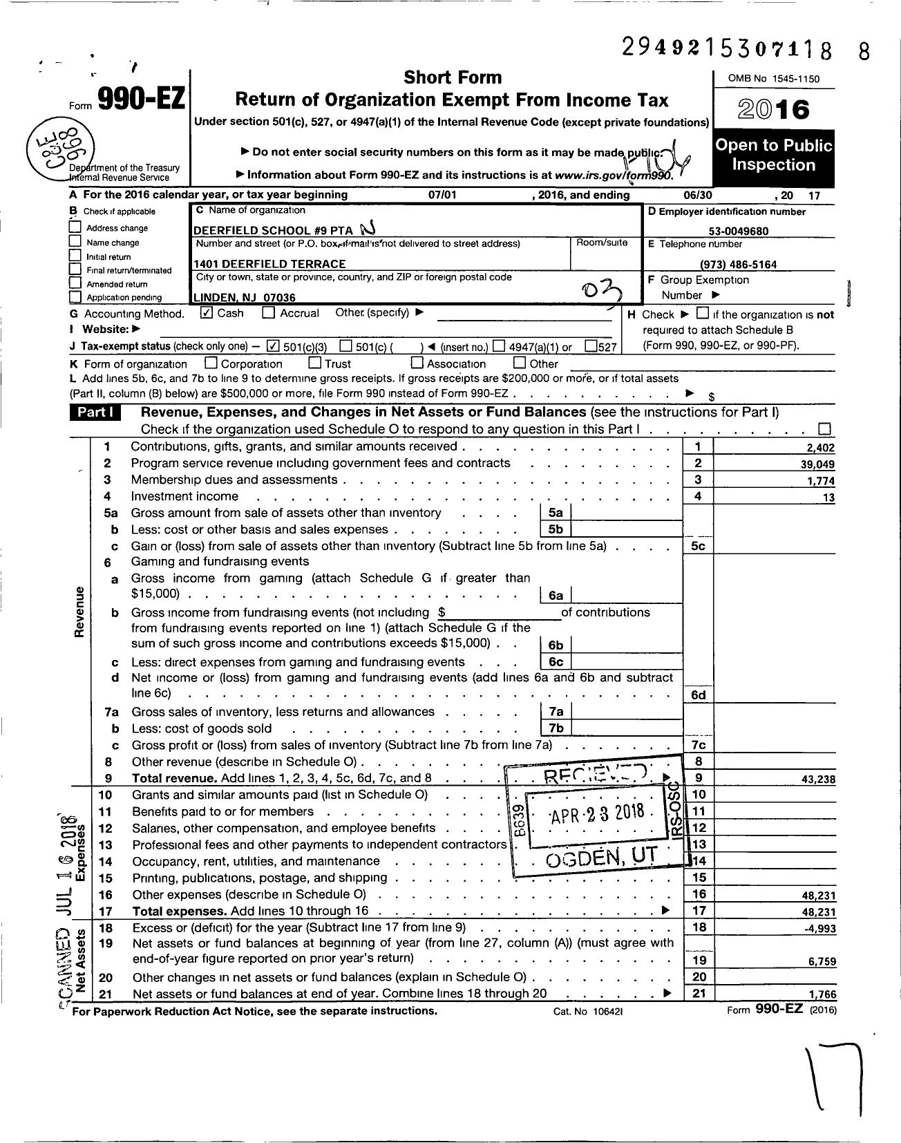 Image of first page of 2016 Form 990EZ for New Jersey PTA - 18525 Deerfield SCH 9 PTA
