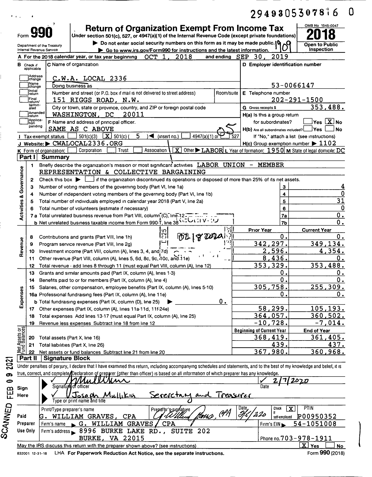 Image of first page of 2018 Form 990O for Communications Workers of America - 2336 Local