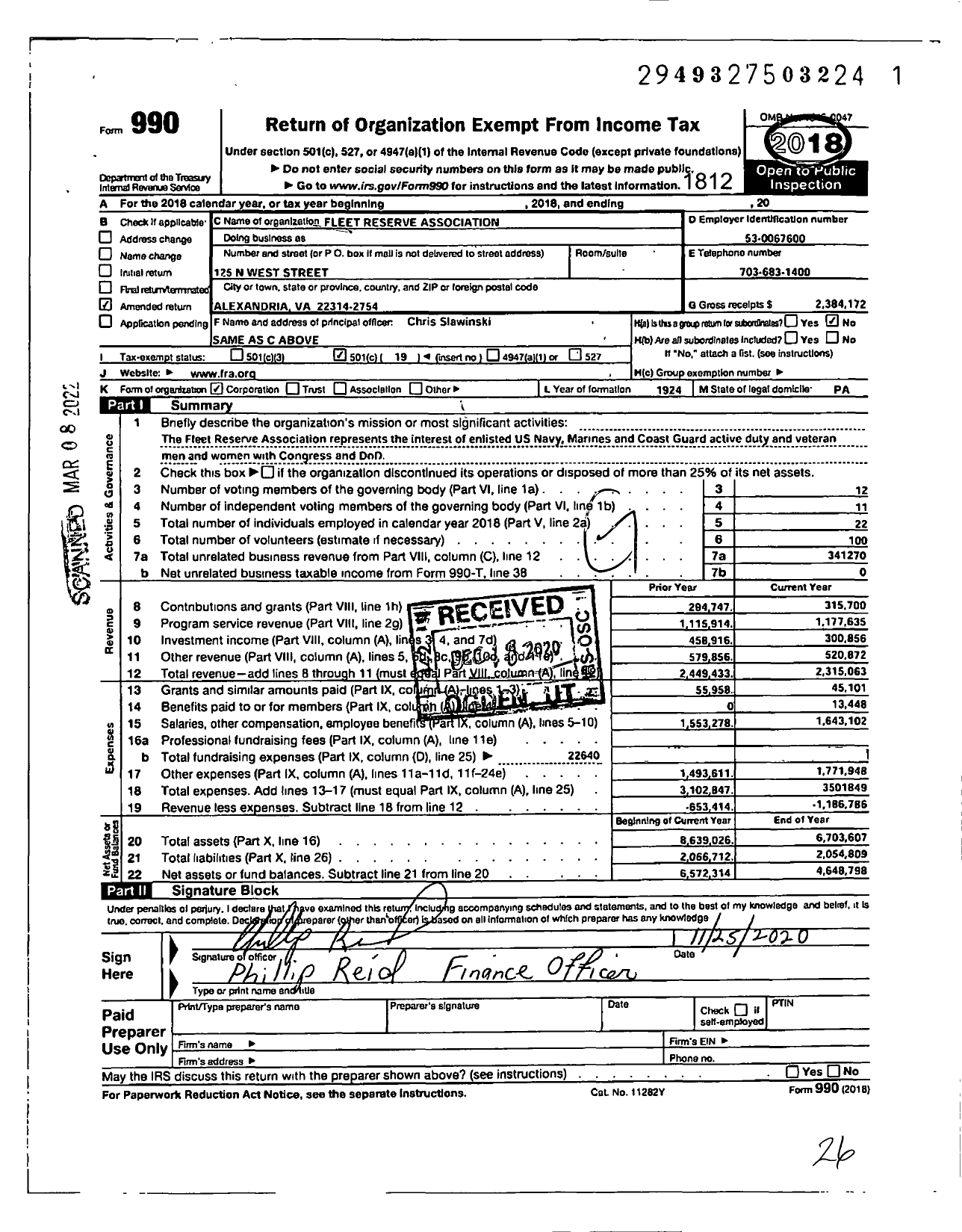 Image of first page of 2018 Form 990O for Fleet Reserve Association