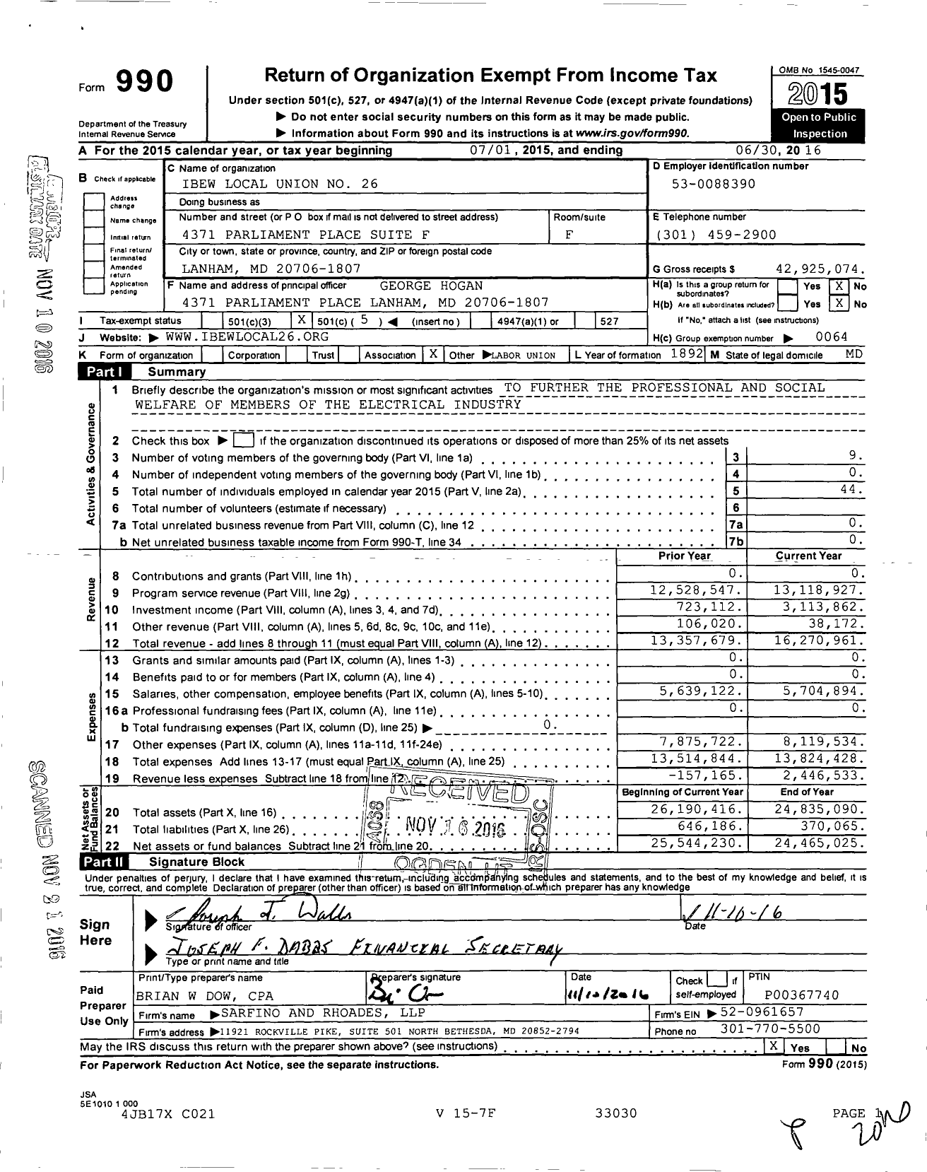 Image of first page of 2015 Form 990O for IBEW Local Union No. 26