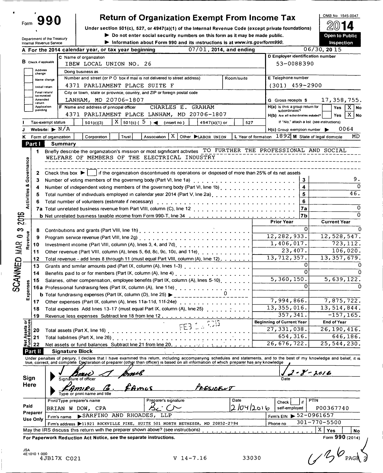 Image of first page of 2014 Form 990O for IBEW Local Union No. 26