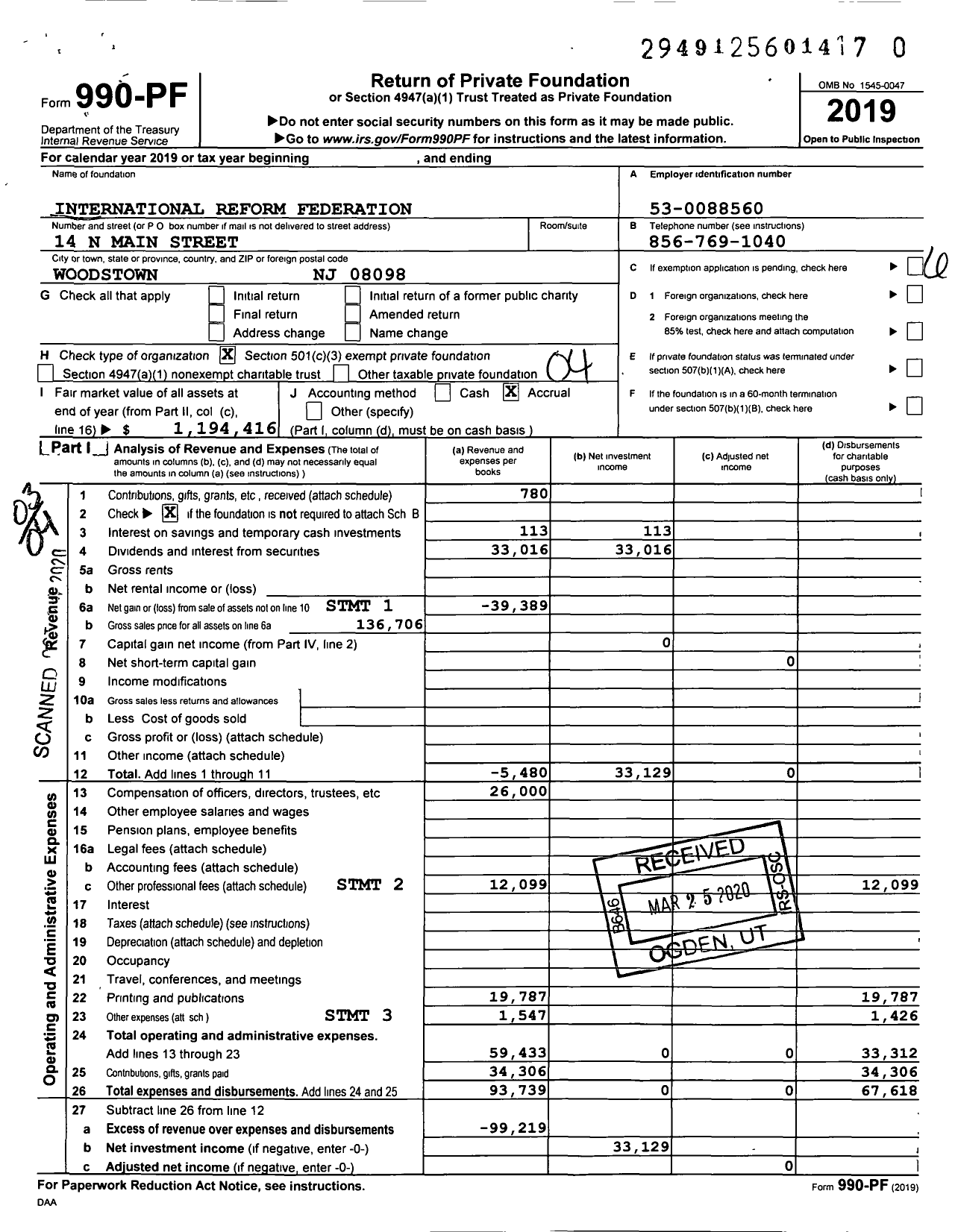 Image of first page of 2019 Form 990PR for International Reform Federation