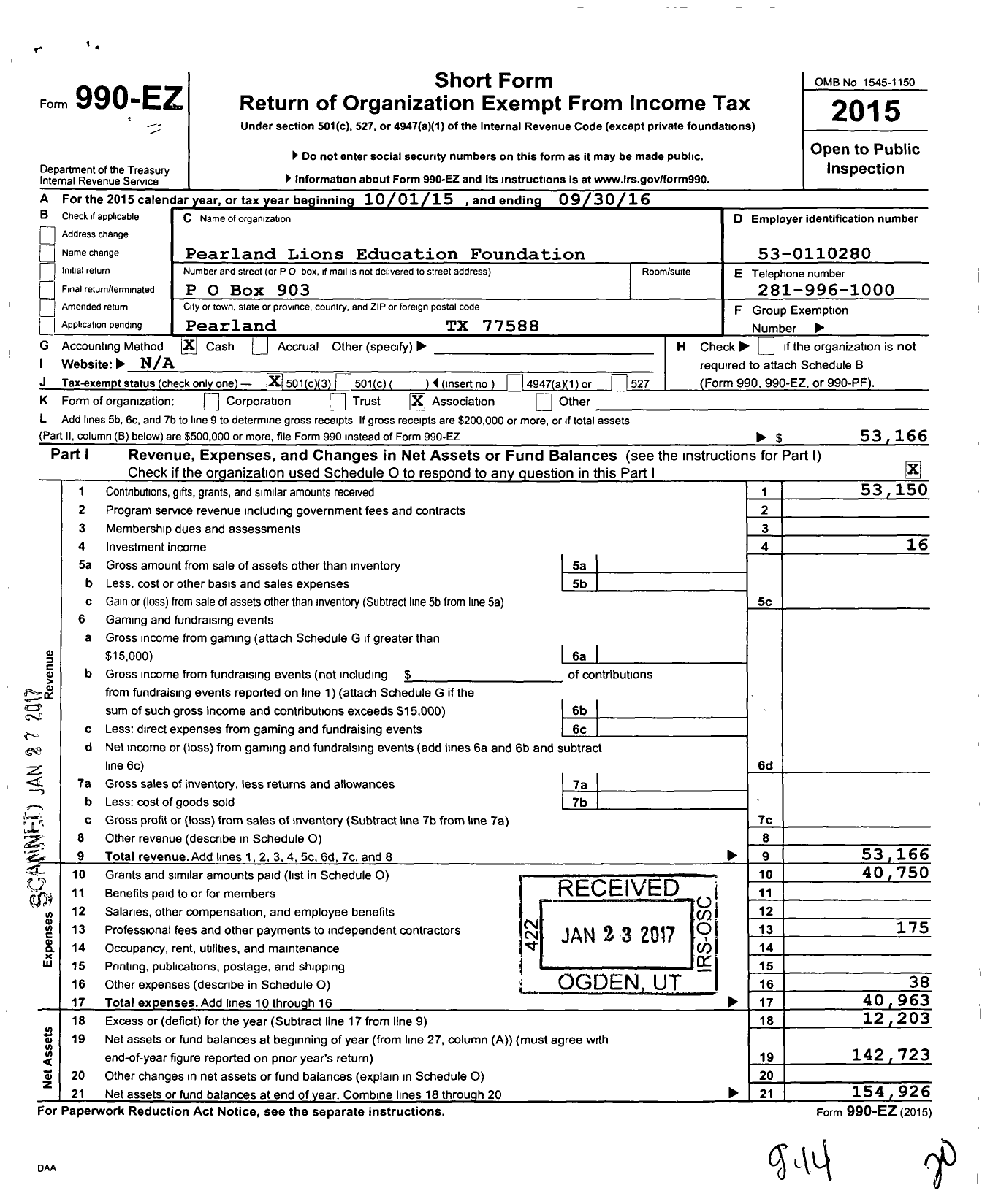 Image of first page of 2015 Form 990EZ for Pearland Lions Education Foundation