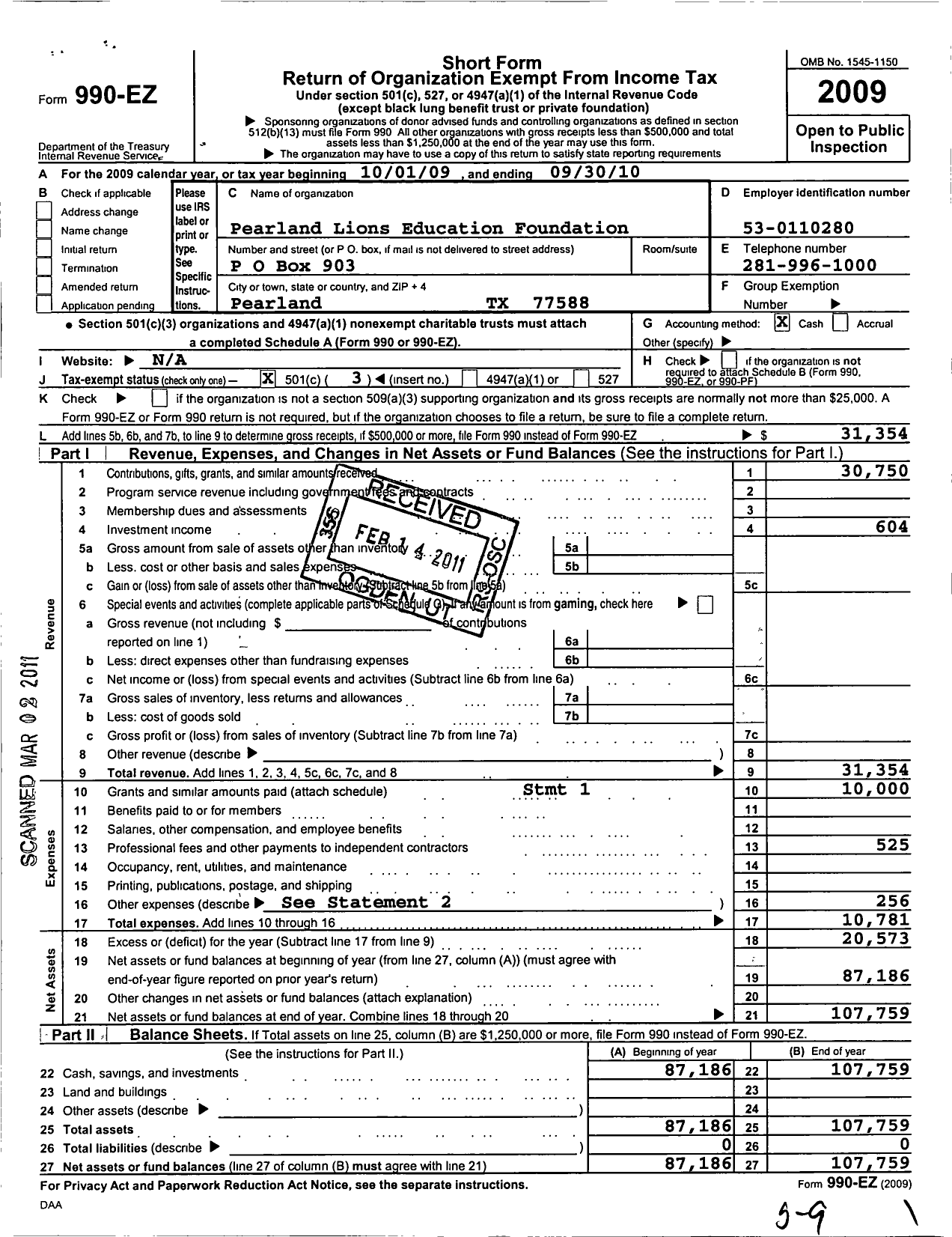 Image of first page of 2009 Form 990EZ for Pearland Lions Education Foundation