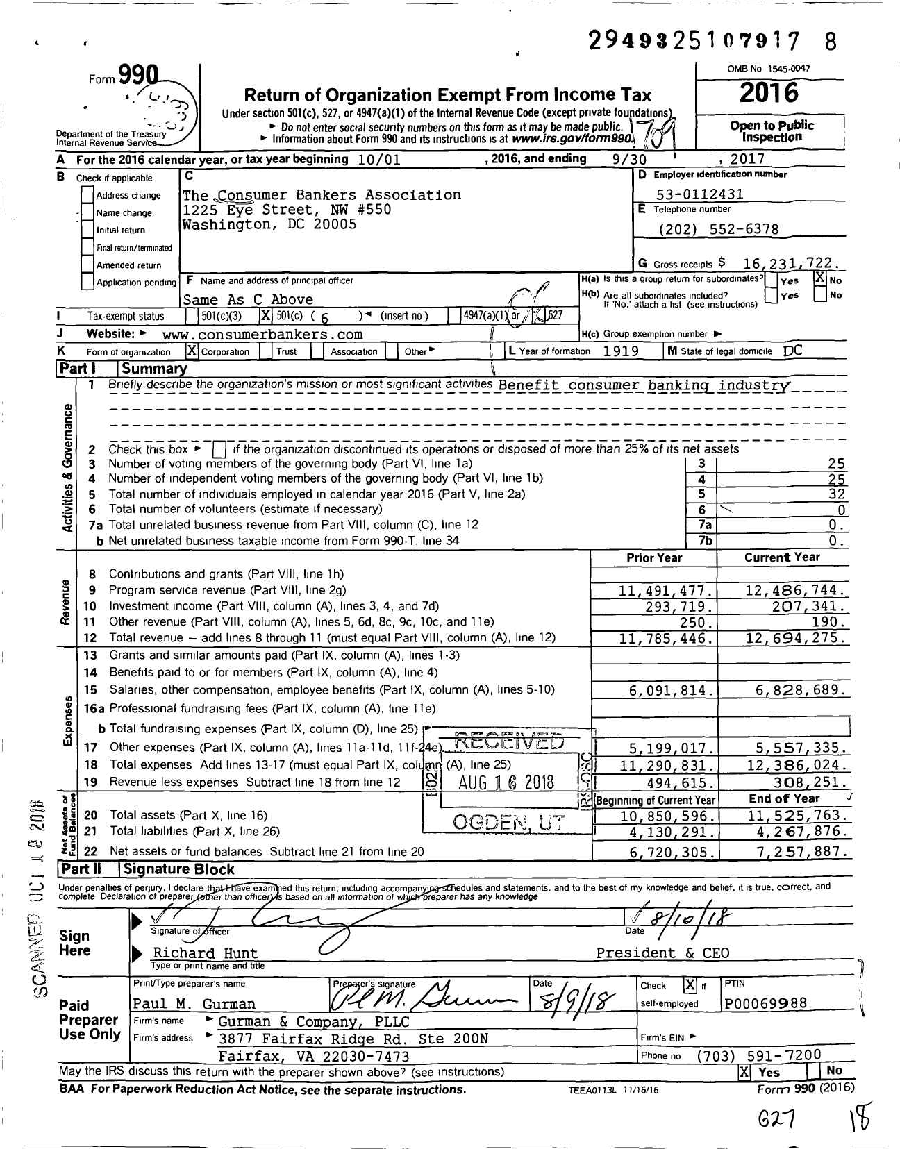 Image of first page of 2016 Form 990O for The Consumer Bankers Association (CBA)