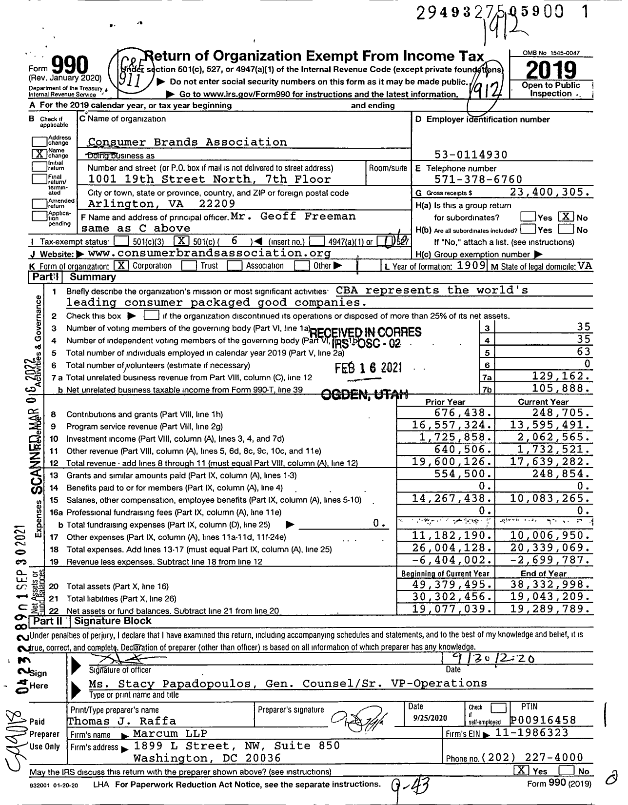 Image of first page of 2019 Form 990O for Consumer Brands Association (GMA)