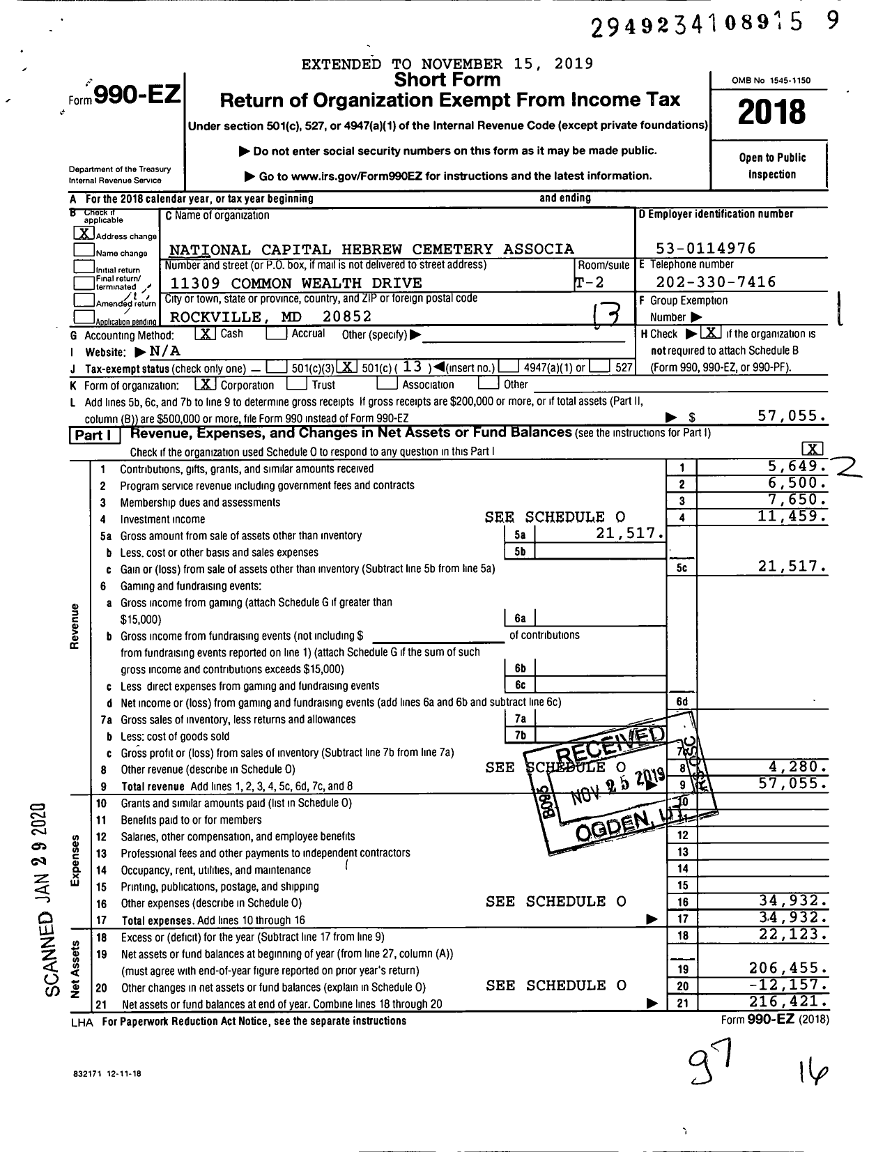 Image of first page of 2018 Form 990EO for National Capital Hebrew Cemetery Association