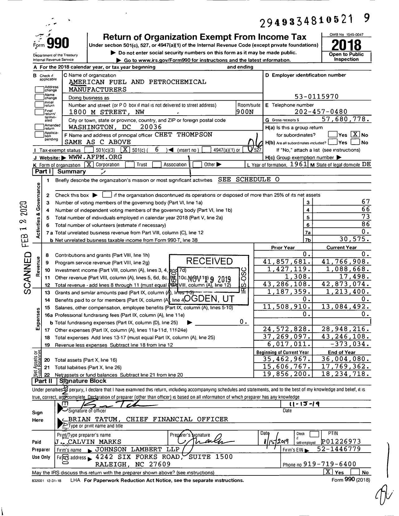 Image of first page of 2018 Form 990O for American Fuel and Petrochemical Manufacturers (AFPM)