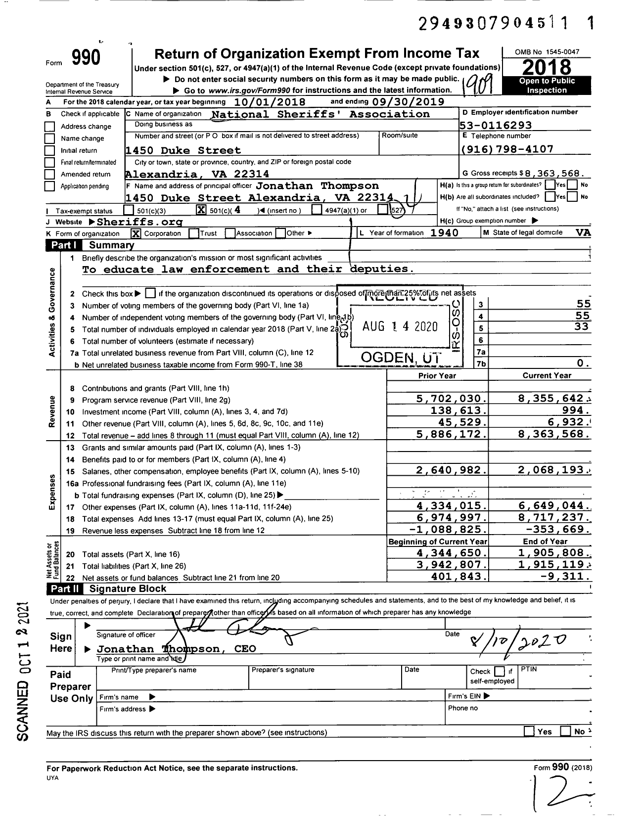 Image of first page of 2018 Form 990O for National Sheriffs' Association