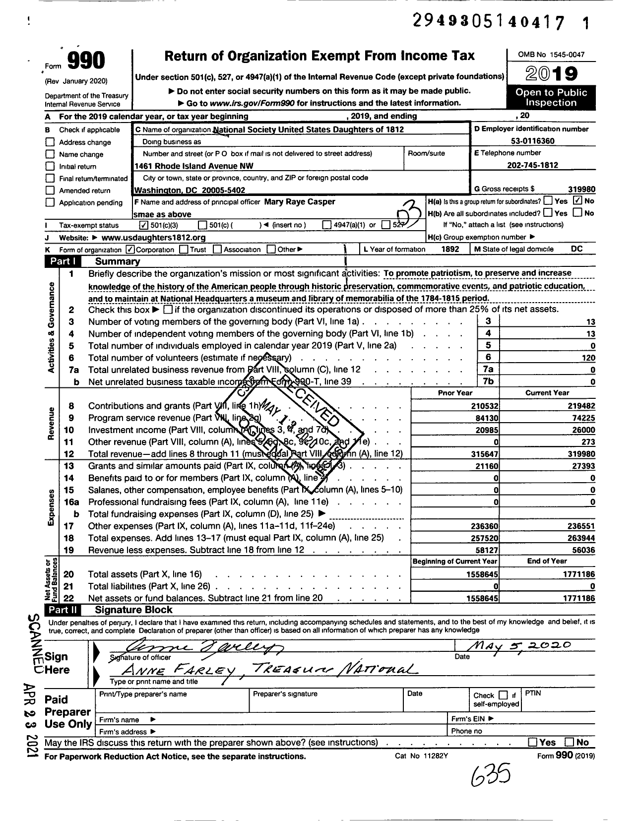 Image of first page of 2019 Form 990 for National Society United States Daughters of 1812 / Nsusd 1812