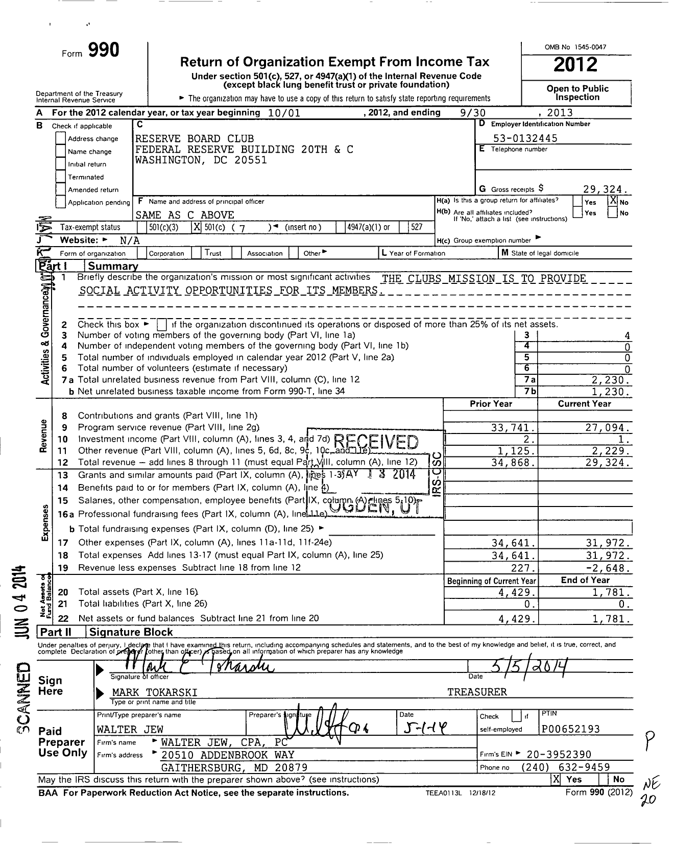 Image of first page of 2012 Form 990O for Reserve Board Club Federal Reserve Building