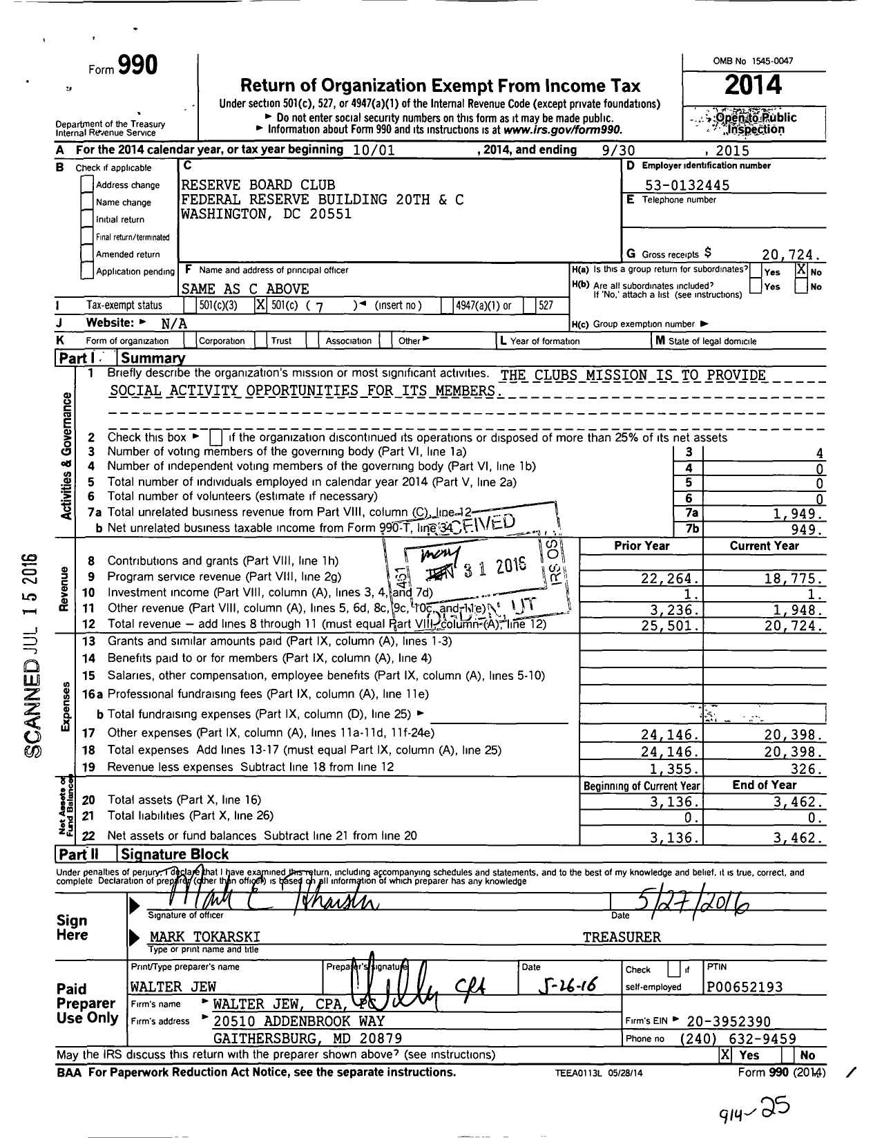 Image of first page of 2014 Form 990O for Reserve Board Club Federal Reserve Building