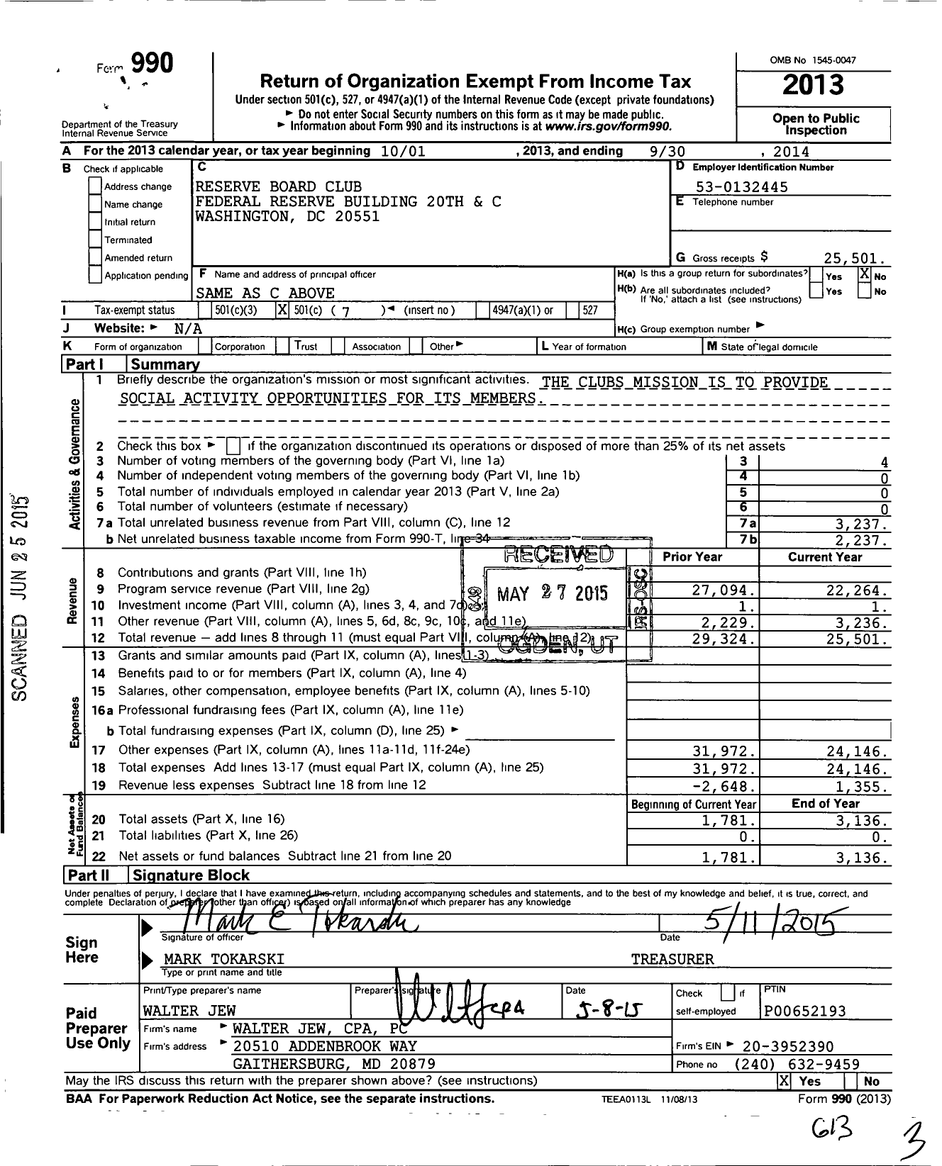 Image of first page of 2013 Form 990O for Reserve Board Club Federal Reserve Building