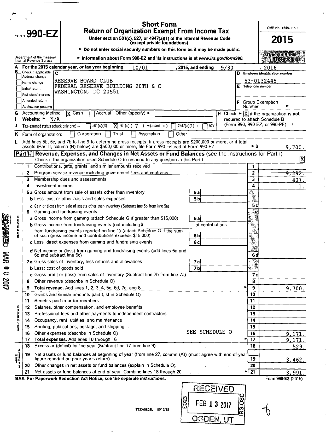 Image of first page of 2015 Form 990EO for Reserve Board Club Federal Reserve Building