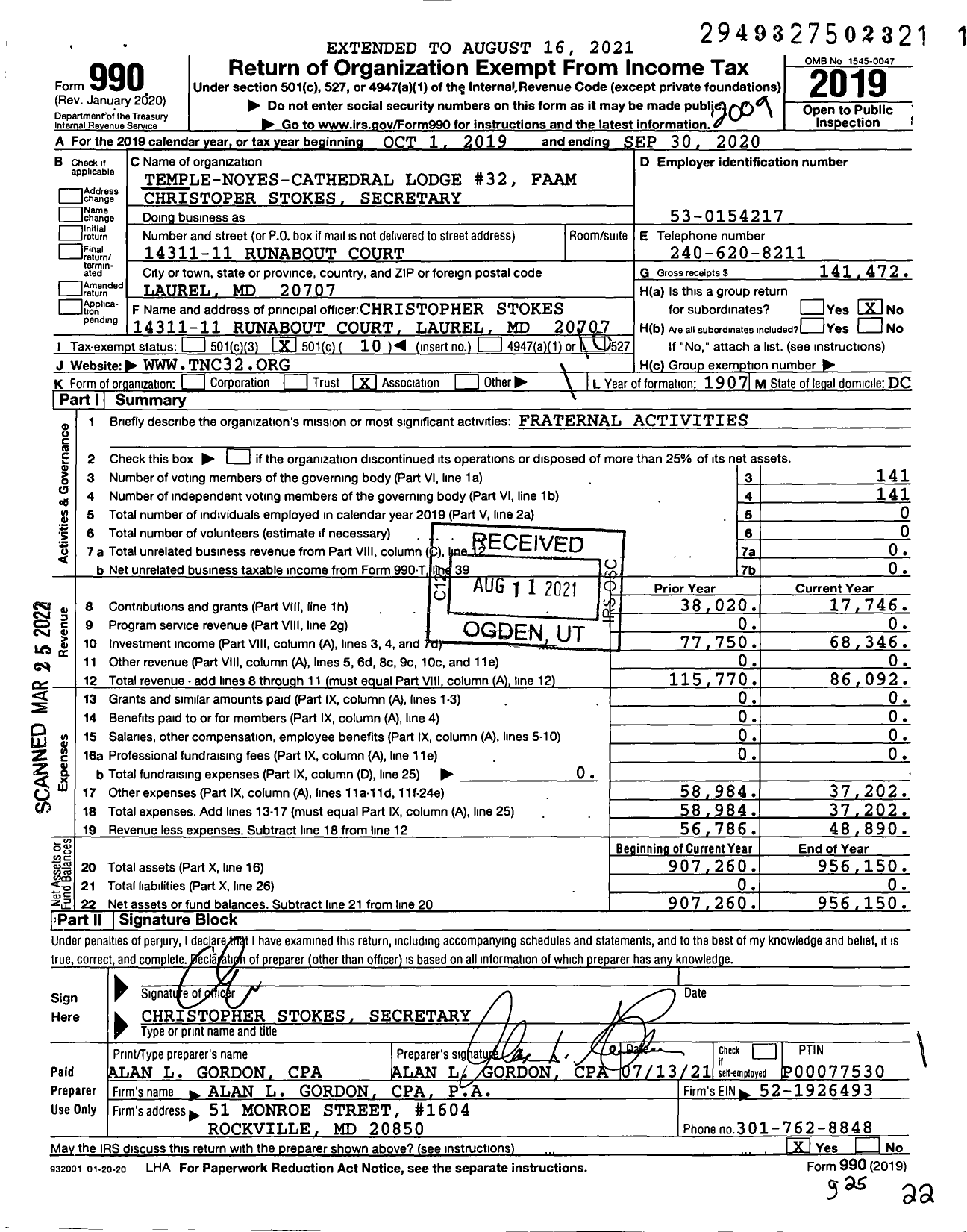 Image of first page of 2019 Form 990O for Temple-Noyes-Cathedral Lodge #32 Faam