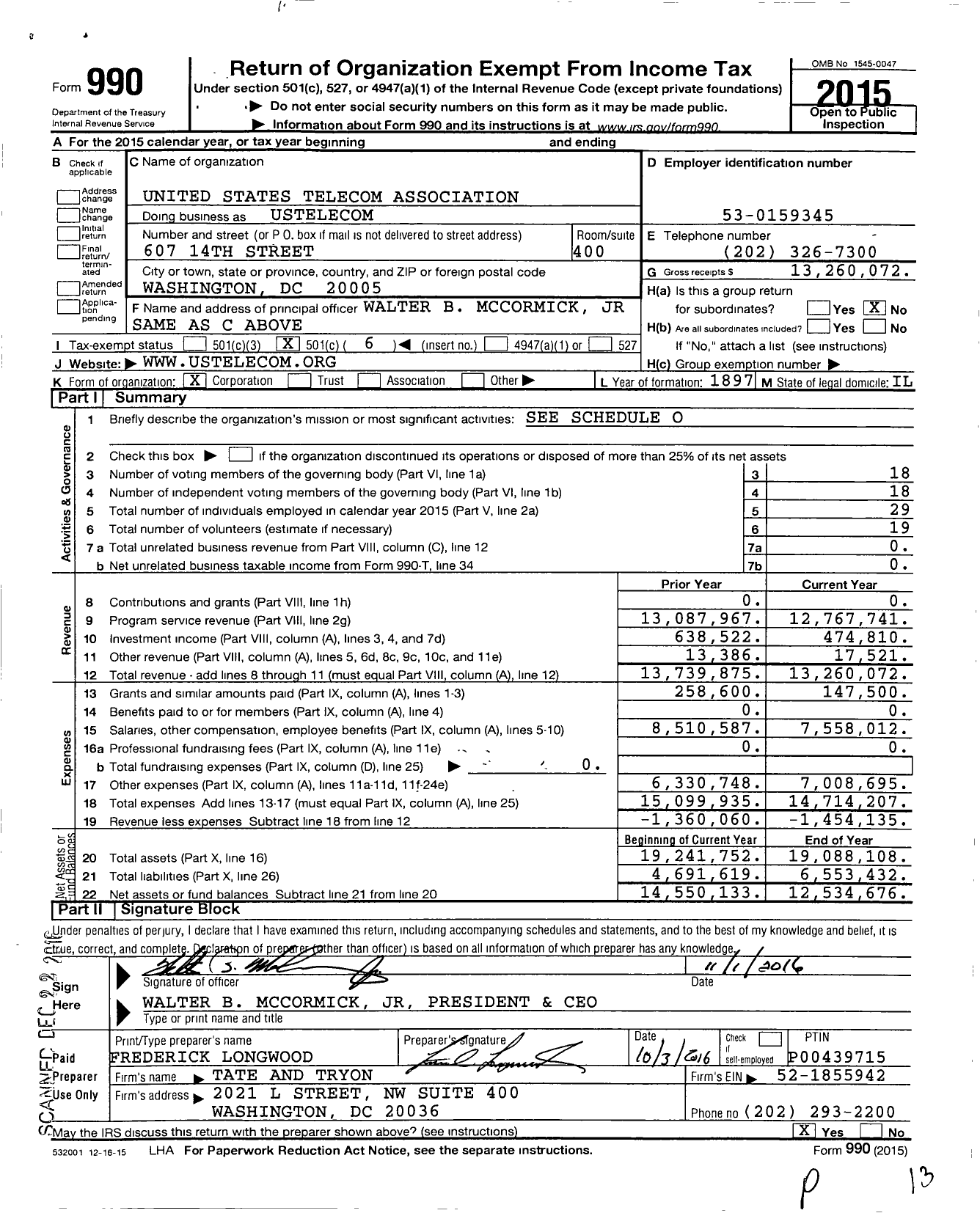 Image of first page of 2015 Form 990O for United States Telecom Association (USTelecom)