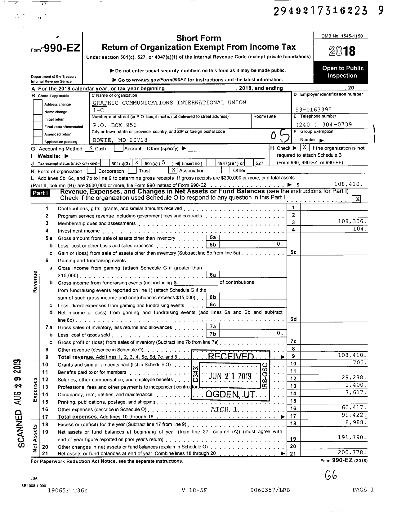 Image of first page of 2018 Form 990EO for Graphic Communications Conference - 1-c