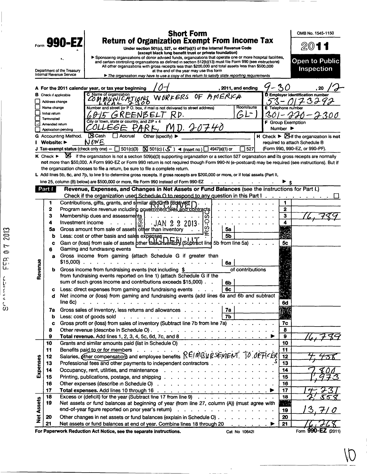 Image of first page of 2011 Form 990EO for Communications Workers of America - 2300 Local