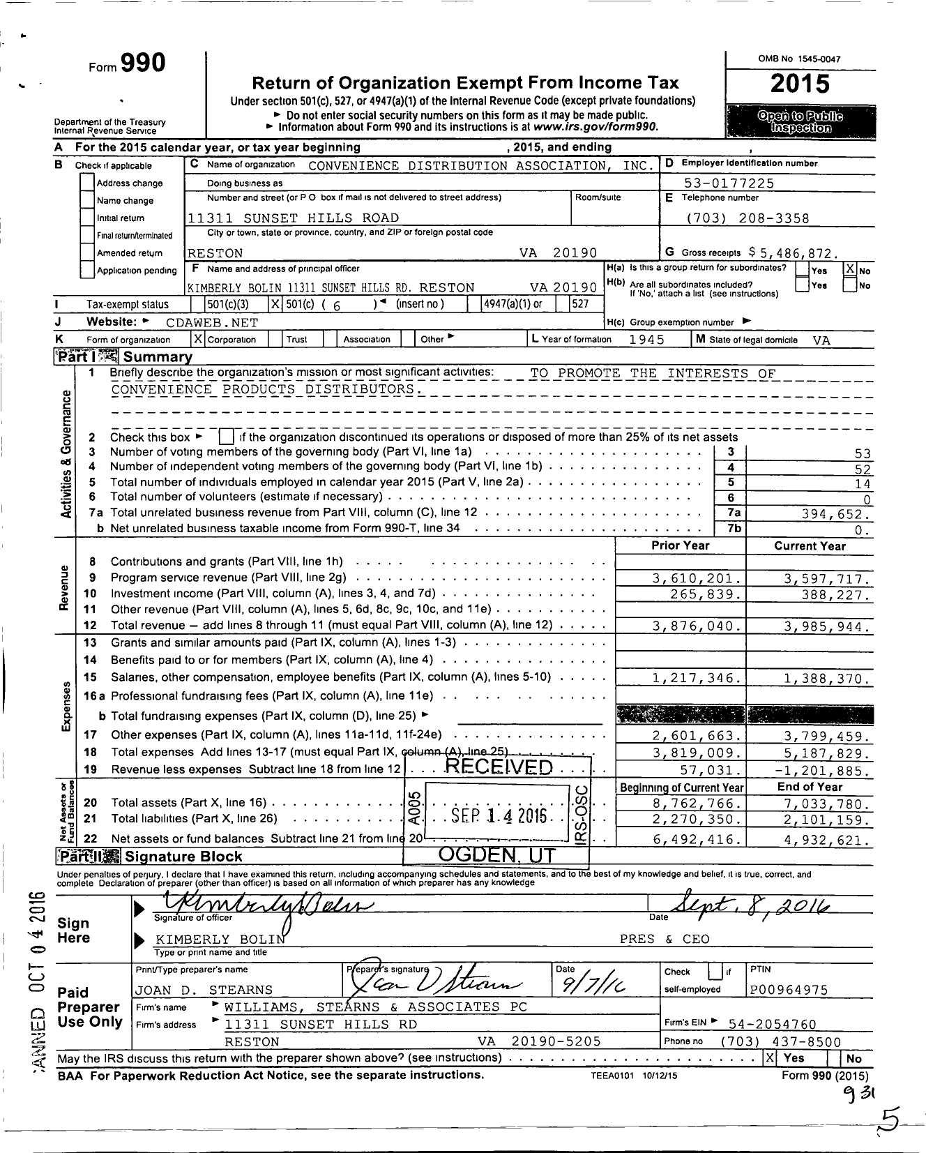 Image of first page of 2015 Form 990O for Convenience Distribution Association (CDA)