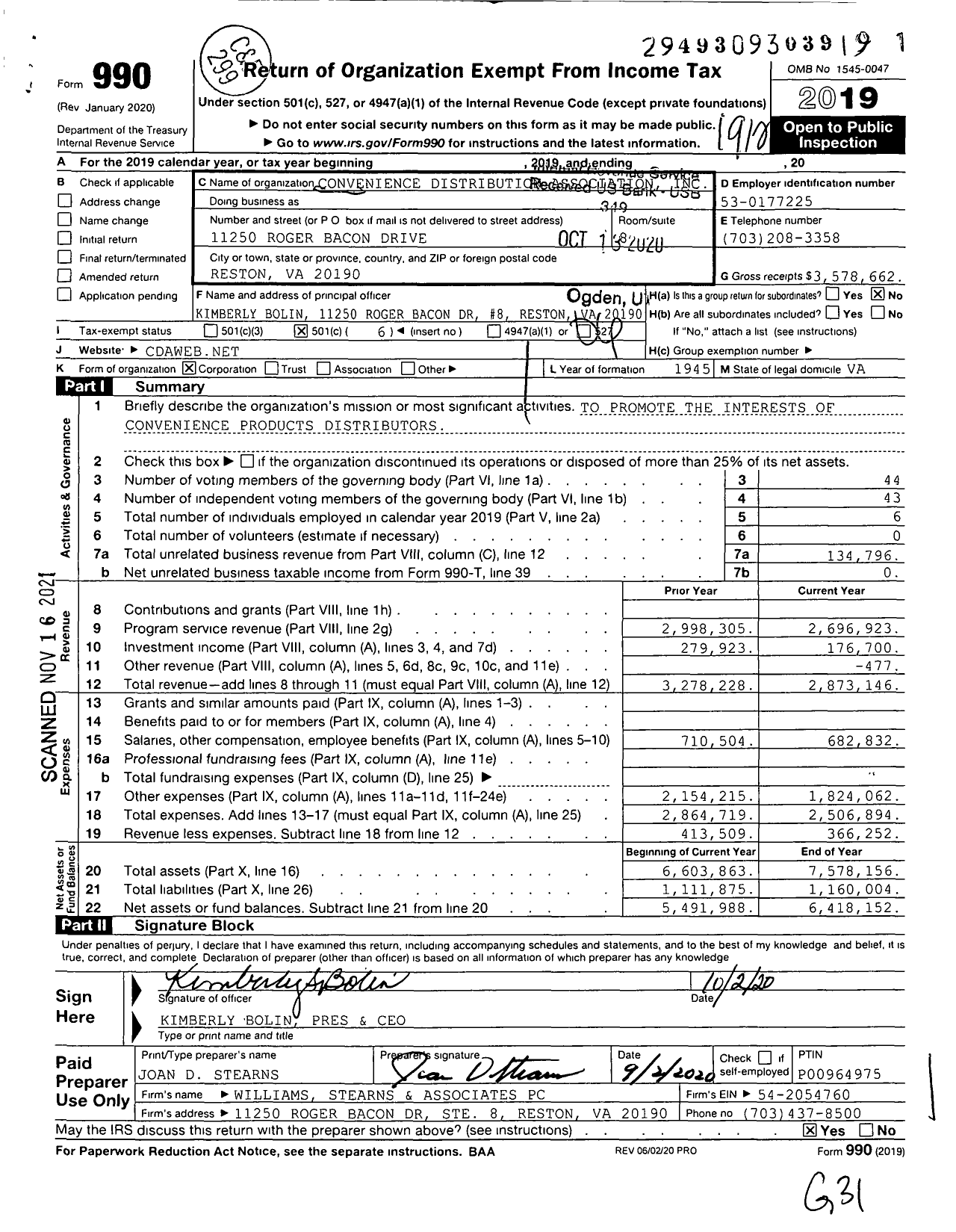 Image of first page of 2019 Form 990O for Convenience Distribution Association (CDA)