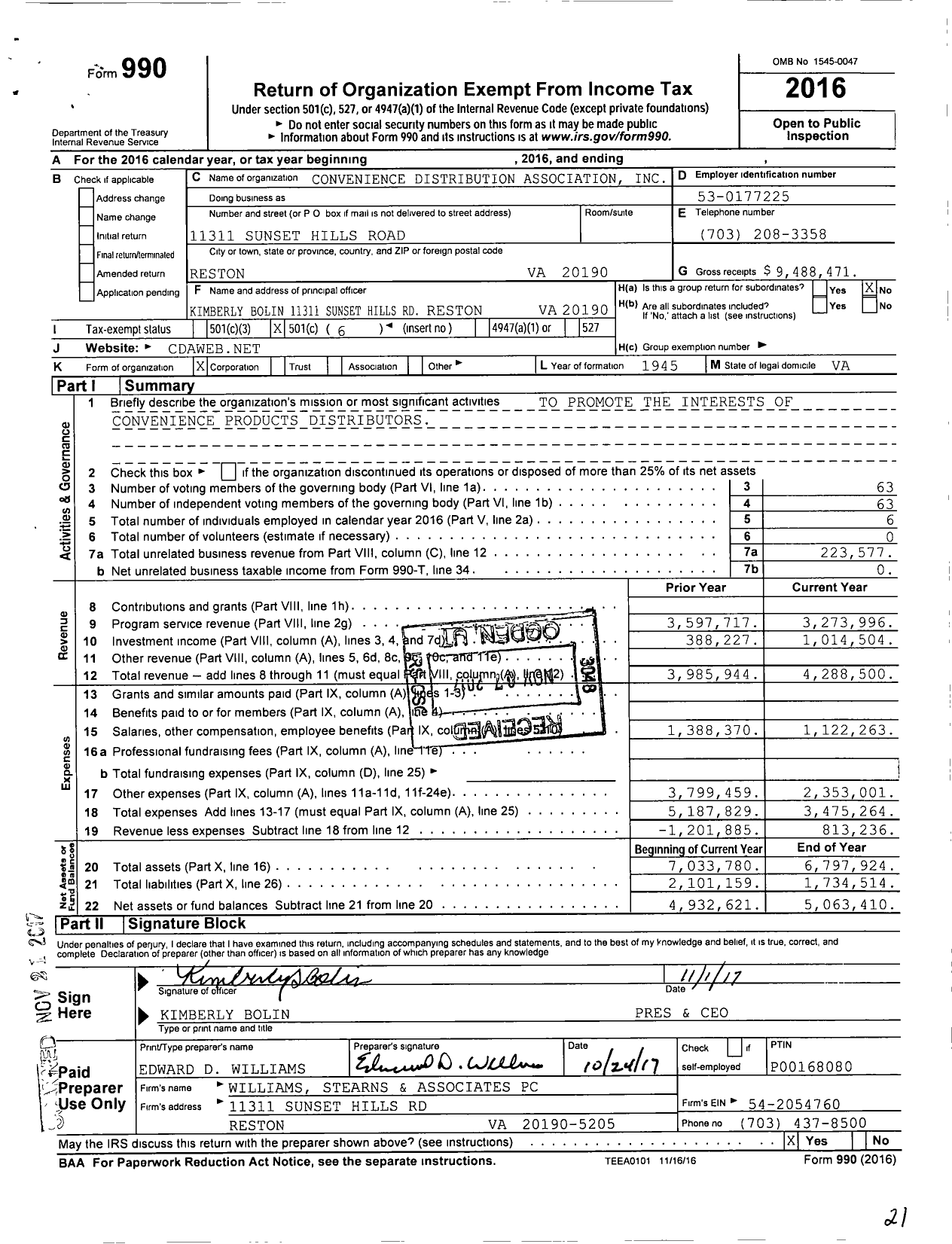 Image of first page of 2016 Form 990O for Convenience Distribution Association (CDA)