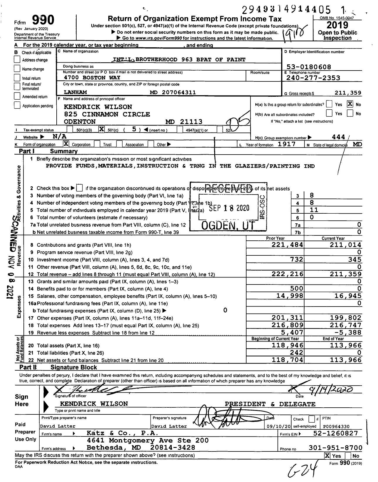 Image of first page of 2019 Form 990O for International Union of Painters and Allied Trades - 963 Glaziers Local Union