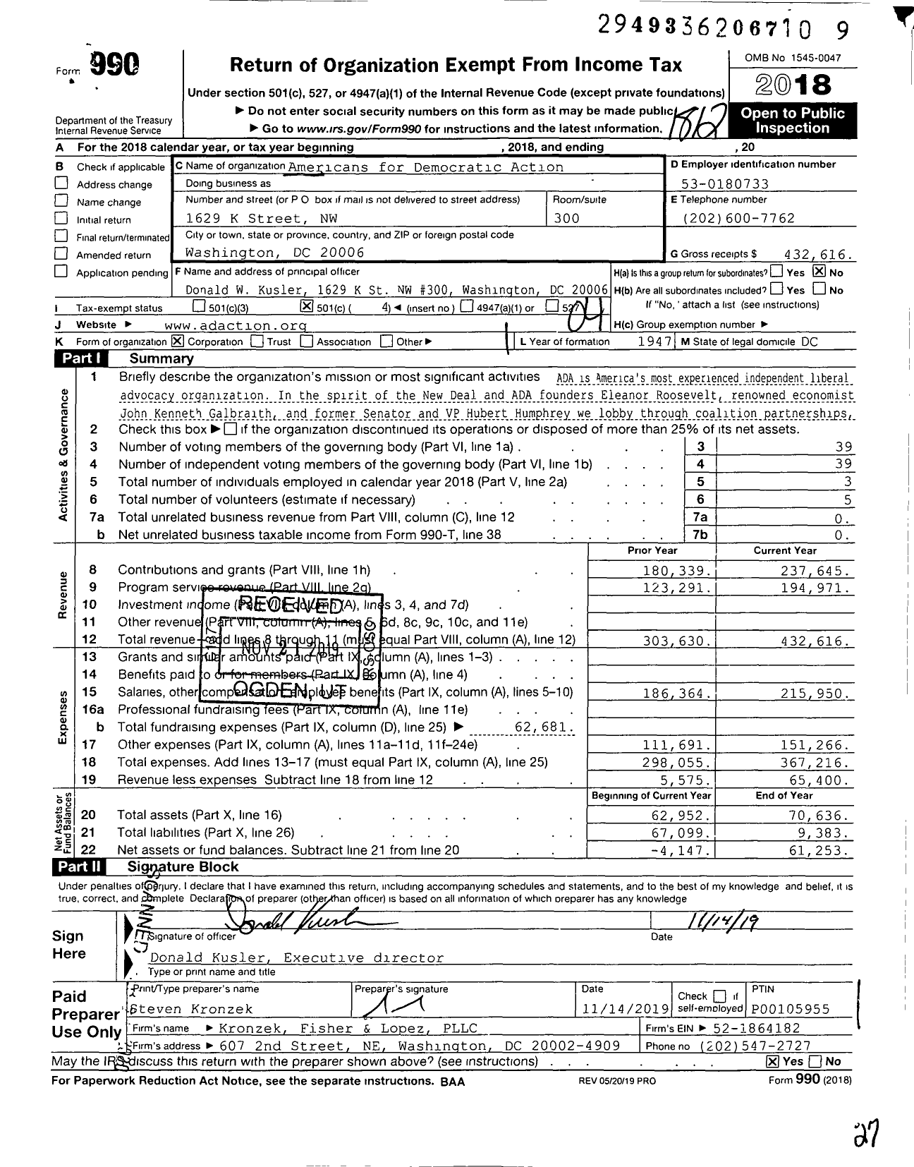 Image of first page of 2018 Form 990O for Americans for Democratic Action