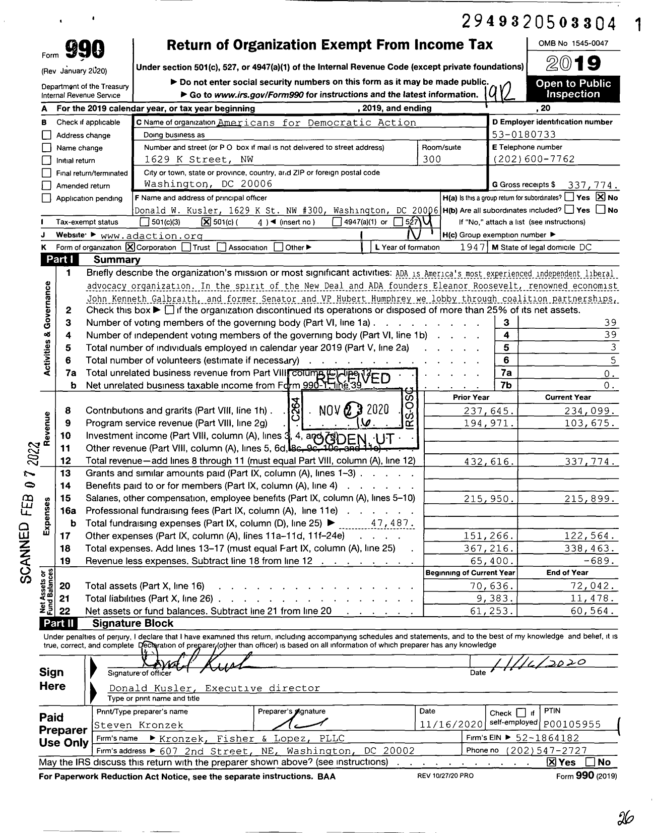 Image of first page of 2019 Form 990O for Americans for Democratic Action