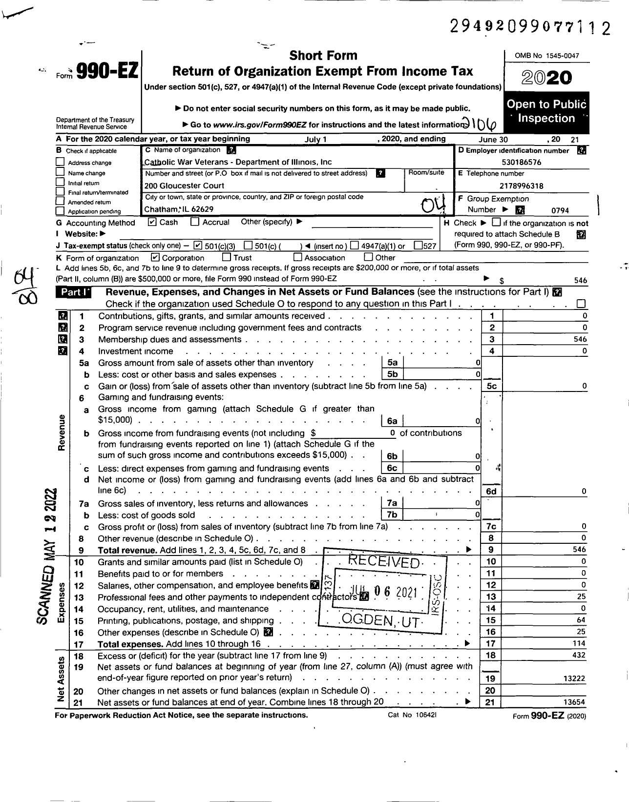 Image of first page of 2020 Form 990EO for Catholic War Veterans of the United States of America