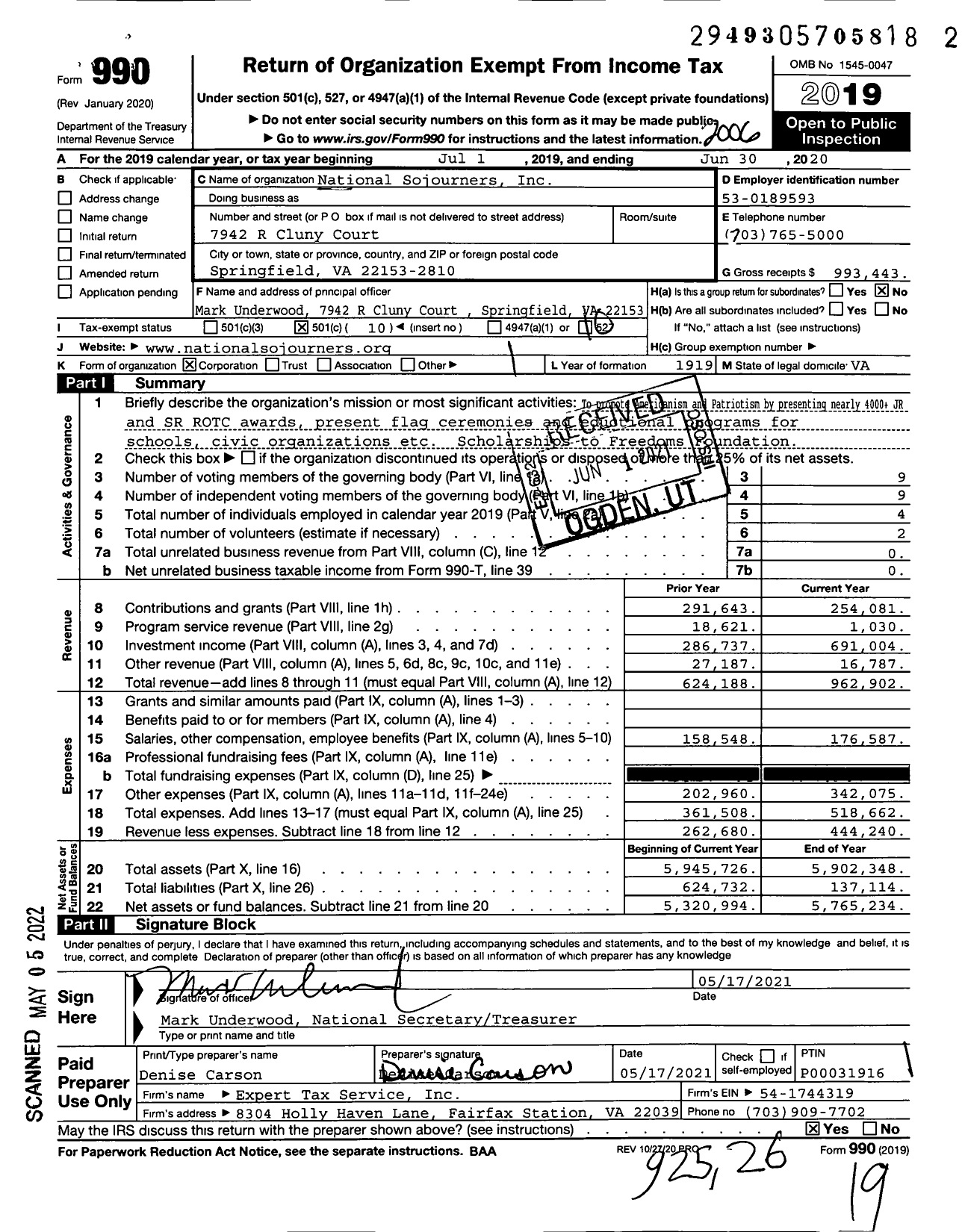 Image of first page of 2019 Form 990O for National Sojourners