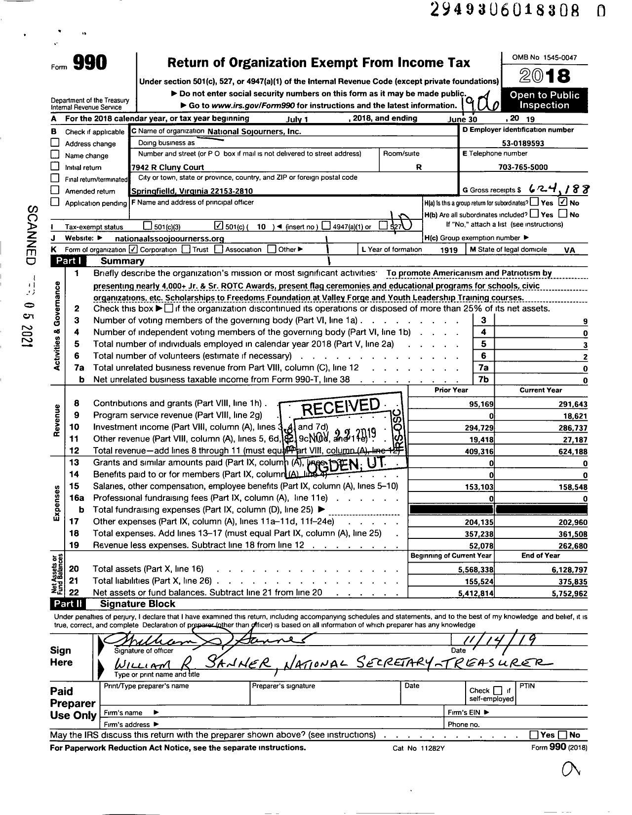 Image of first page of 2018 Form 990O for National Sojourners