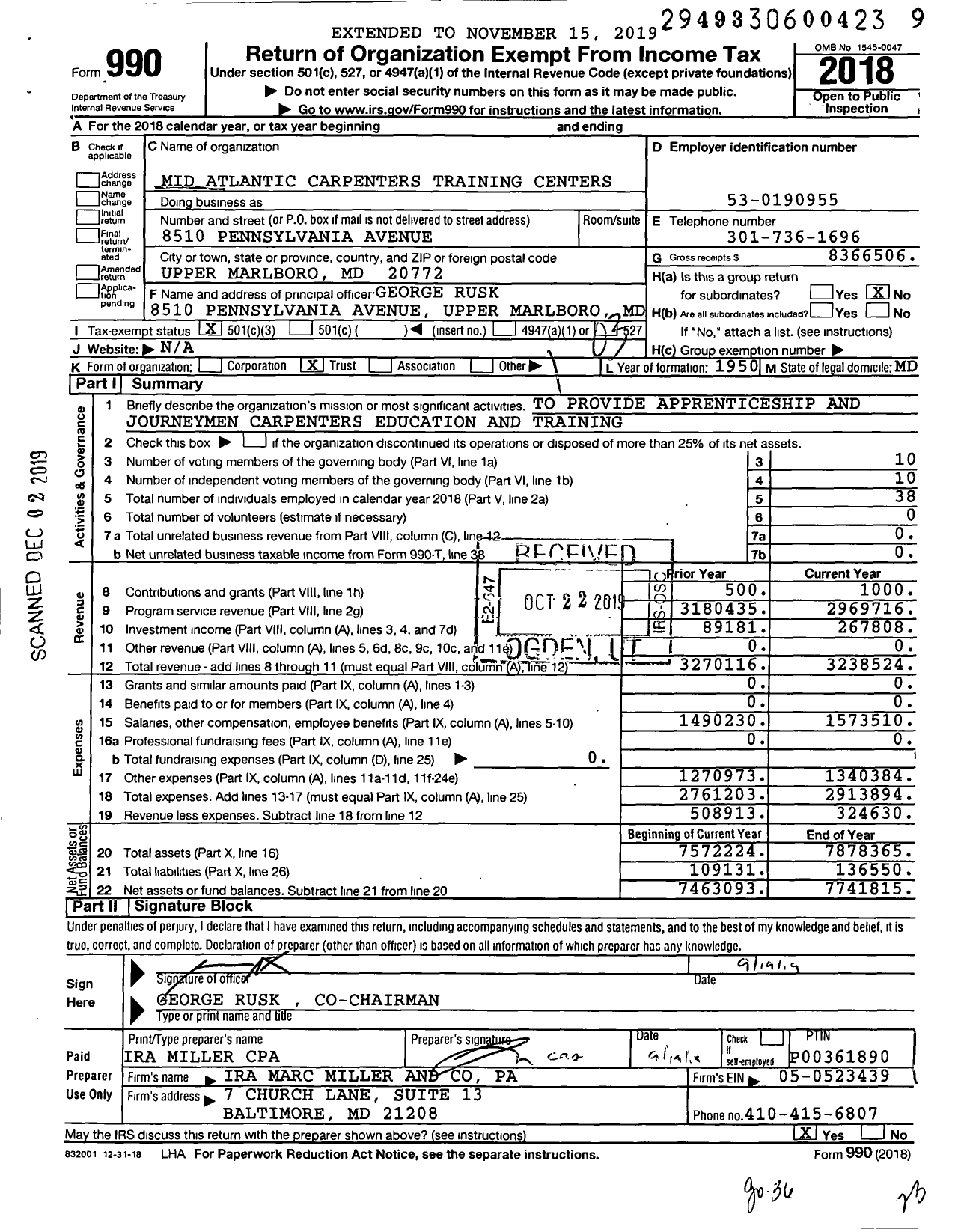 Image of first page of 2018 Form 990 for Mid-Atlantic Carpenters Training Centers