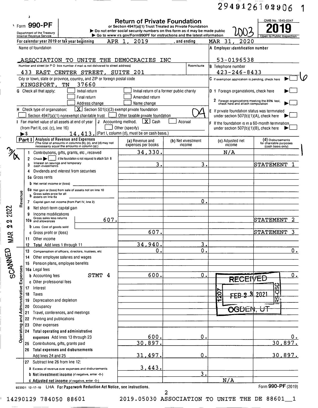 Image of first page of 2019 Form 990PF for Association To Unite the Democracies