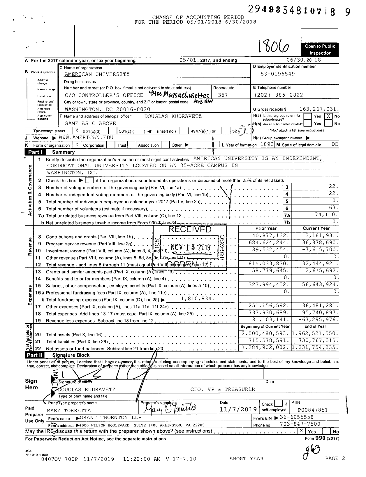 Image of first page of 2017 Form 990 for American University (AU)