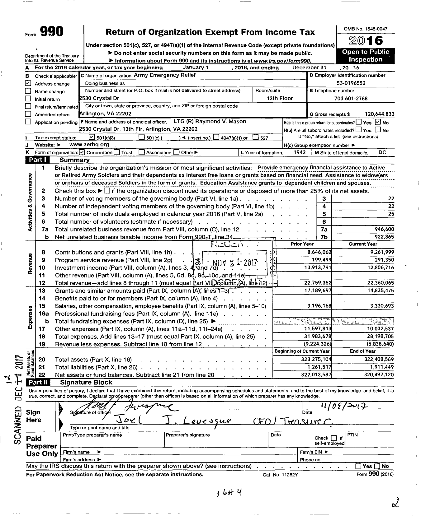 Image of first page of 2016 Form 990 for Army Emergency Relief
