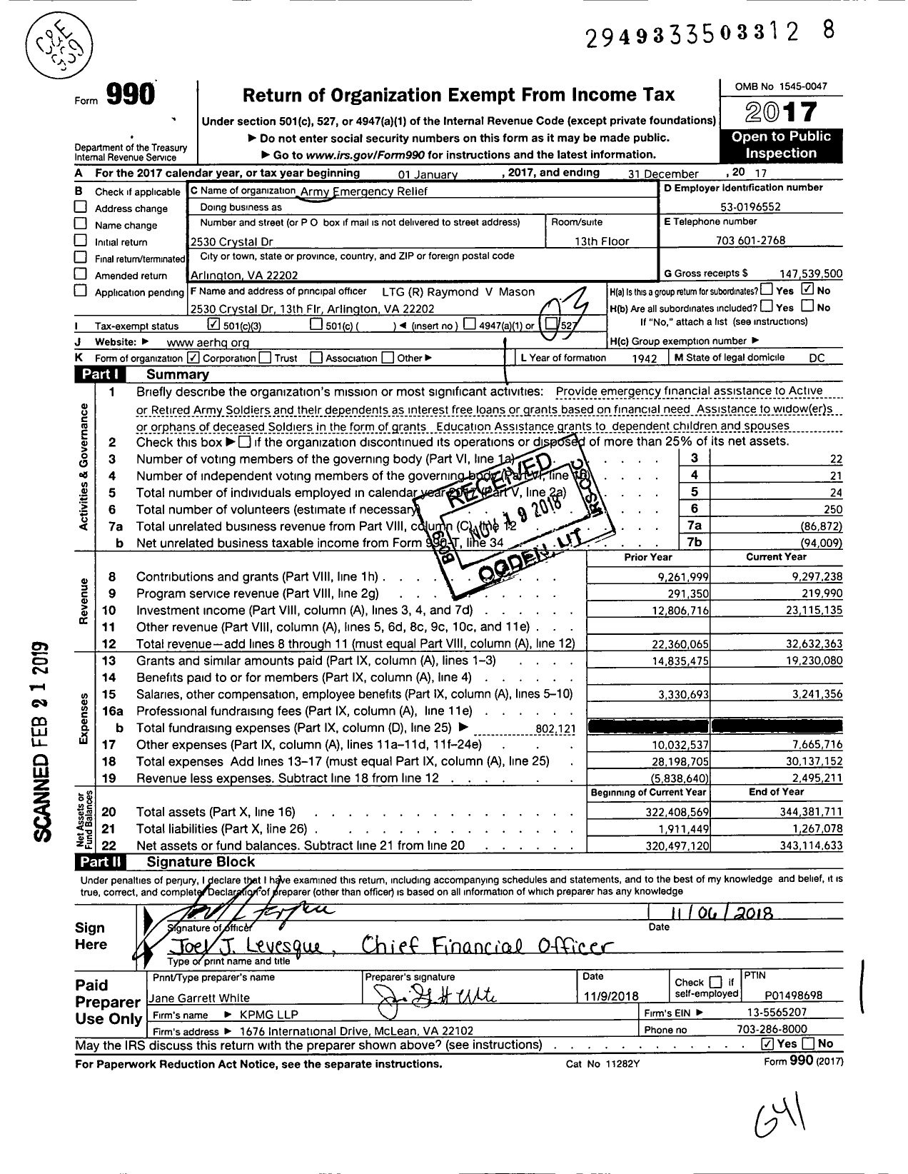 Image of first page of 2017 Form 990 for Army Emergency Relief
