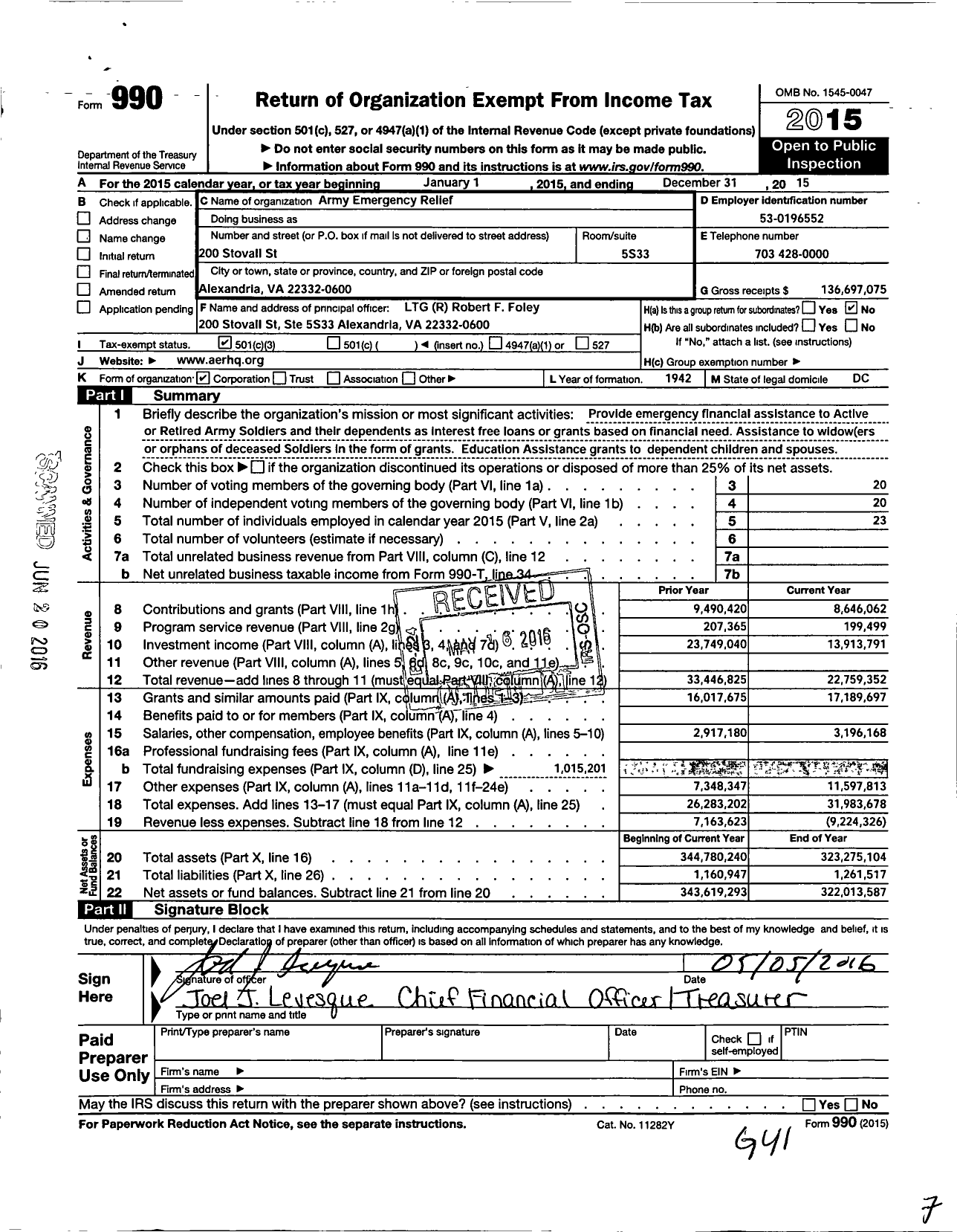 Image of first page of 2015 Form 990 for Army Emergency Relief