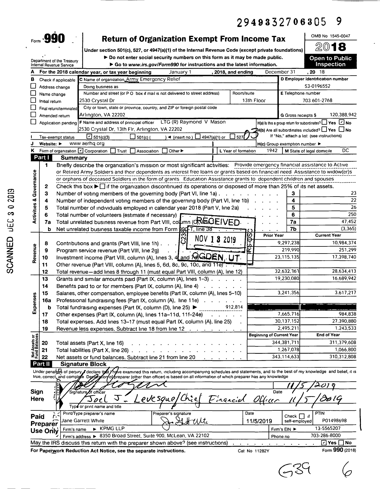 Image of first page of 2018 Form 990 for Army Emergency Relief