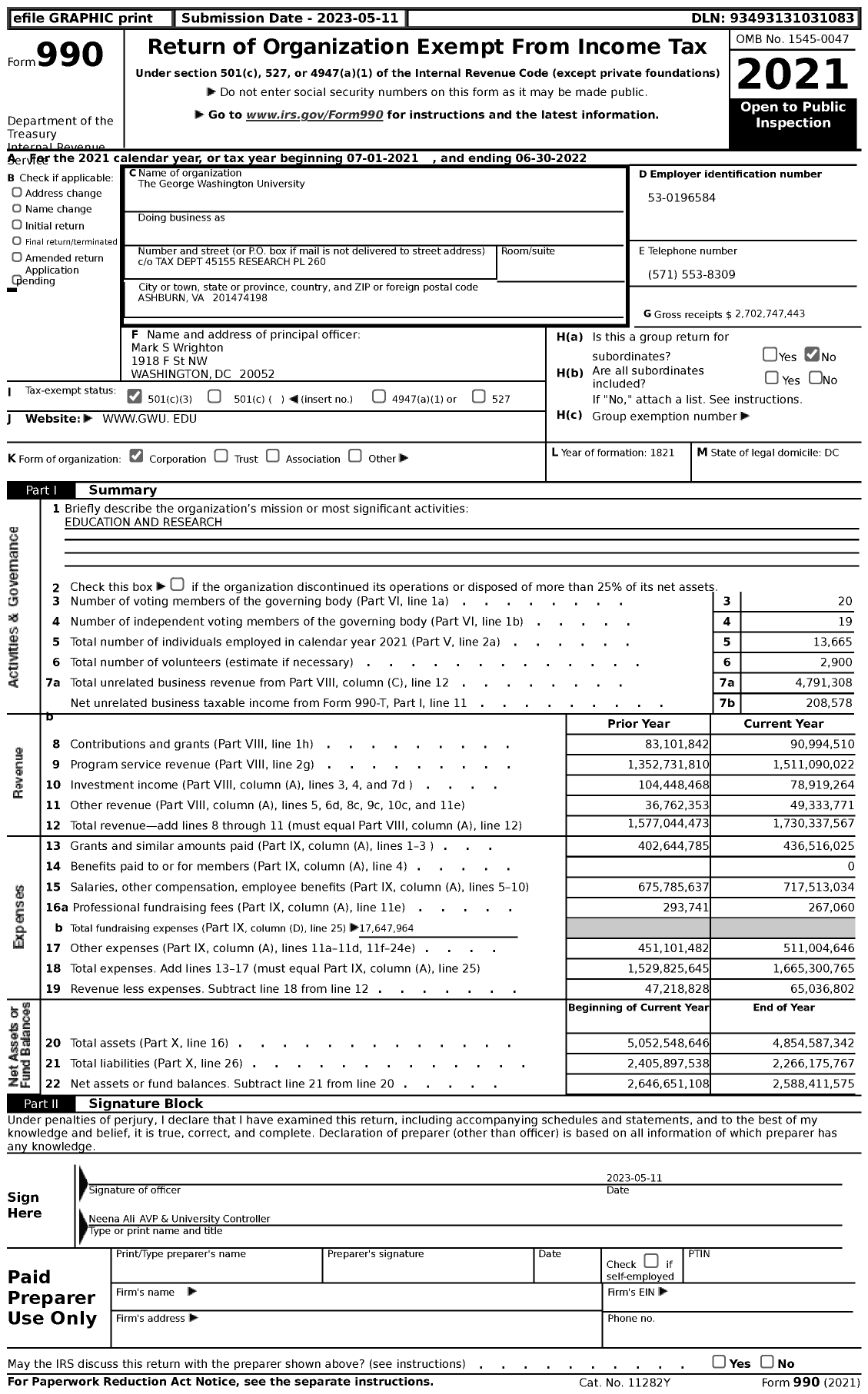 Image of first page of 2021 Form 990 for The George Washington University (GWU)