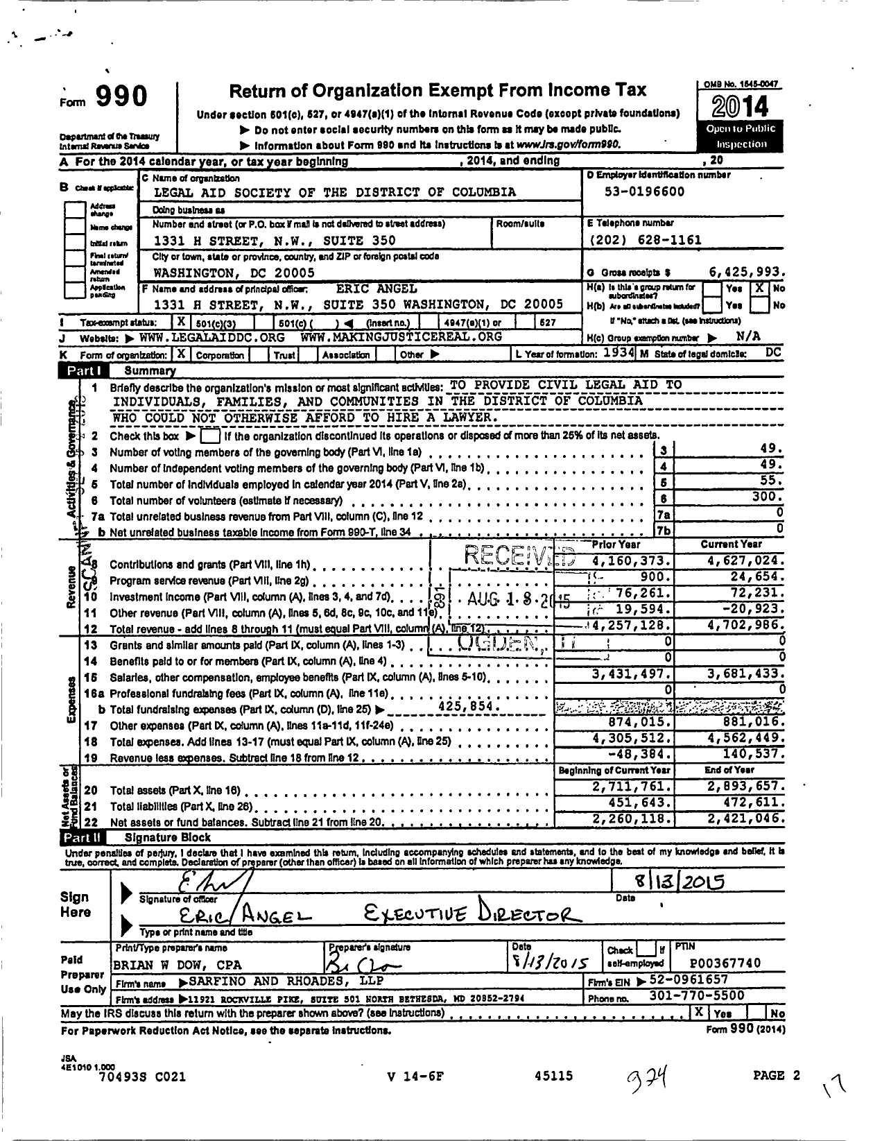 Image of first page of 2014 Form 990 for Legal Aid Society of the District of Columbia