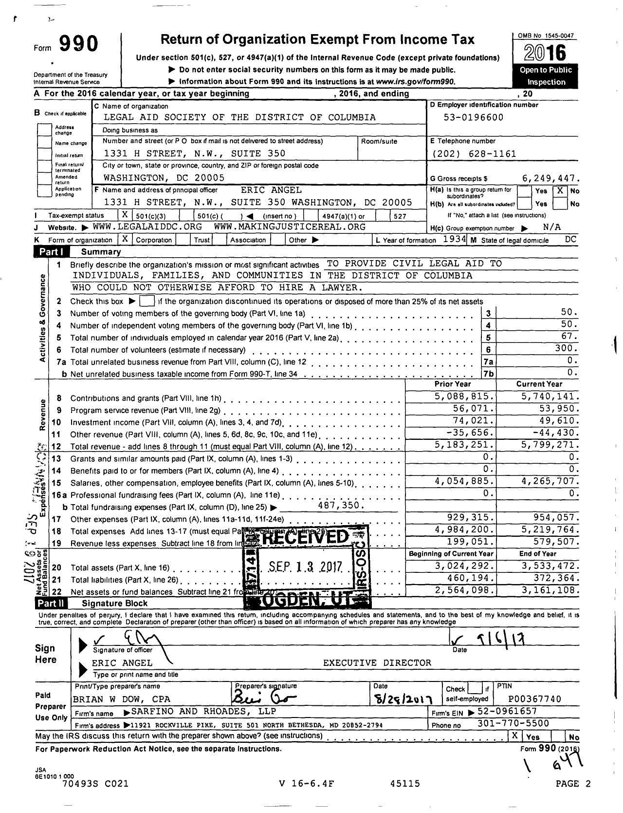 Image of first page of 2016 Form 990 for Legal Aid Society of the District of Columbia